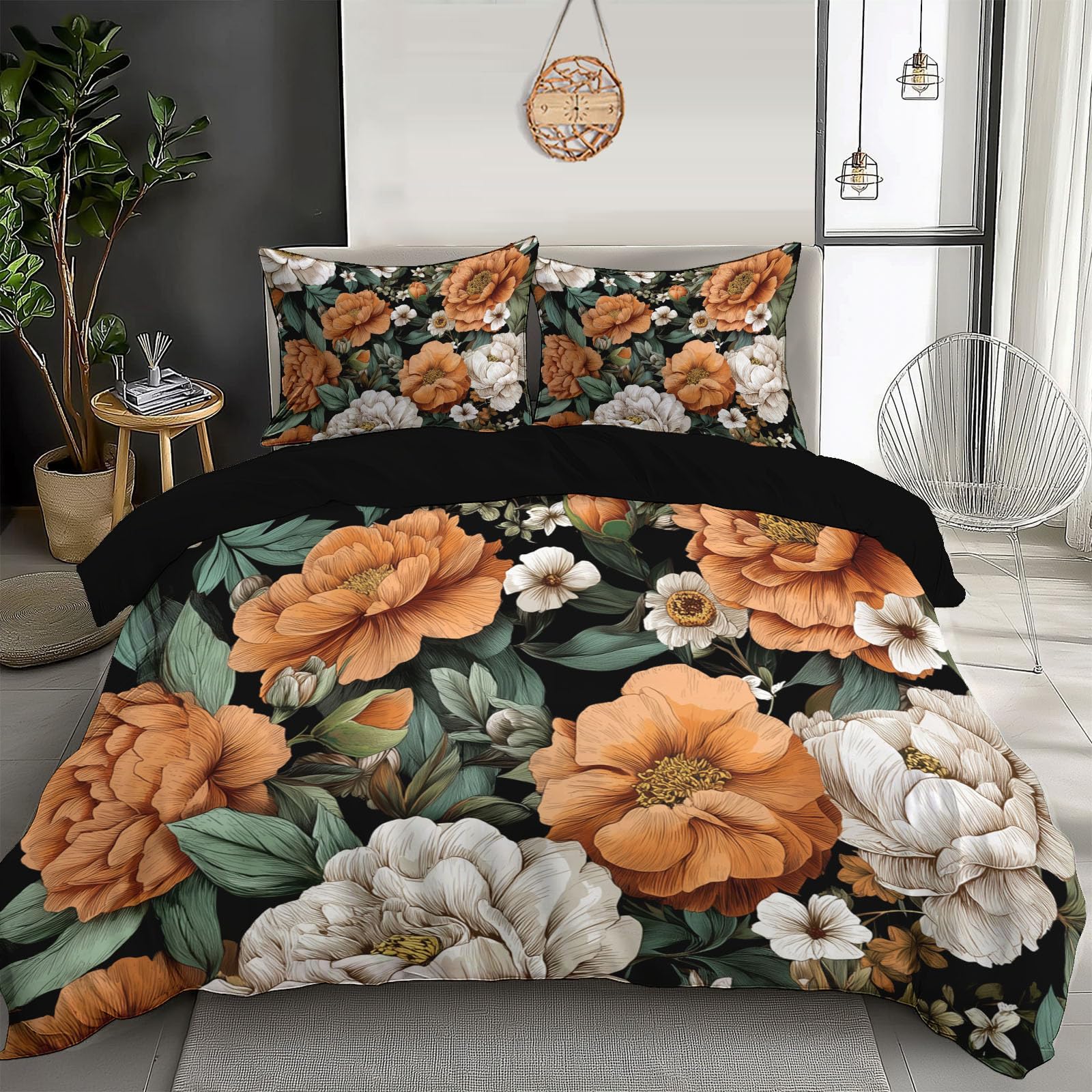 Housse de couette 140x200cm fleurs vertes parure de lit adulte 3 pièces