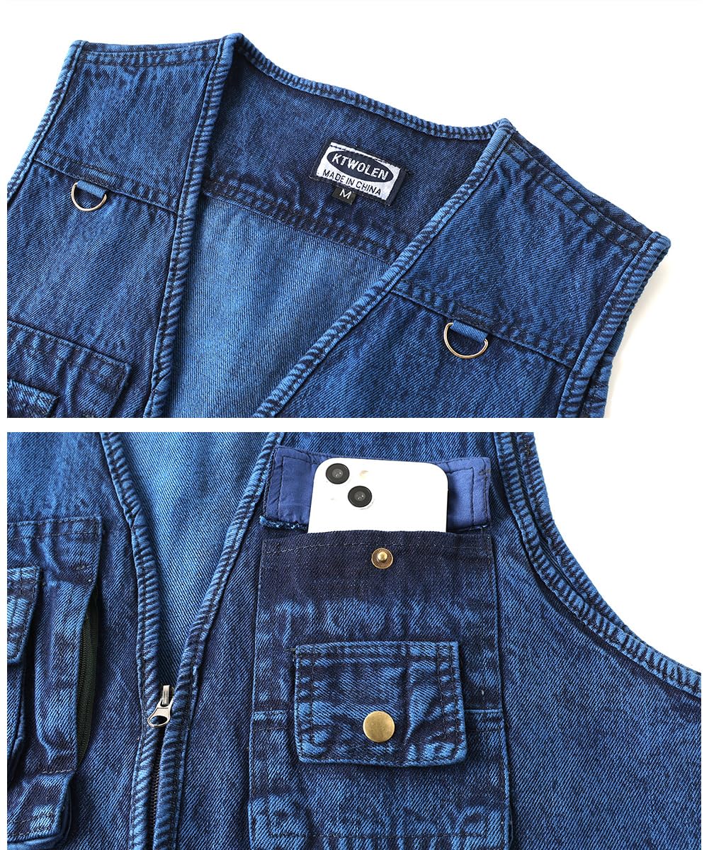 Herren Retro Jeans Weste Motorrad Weste Vintage Kutte Jeansweste Ärmellos Jeans Jacke Denim Weste mit Vielen Taschen
