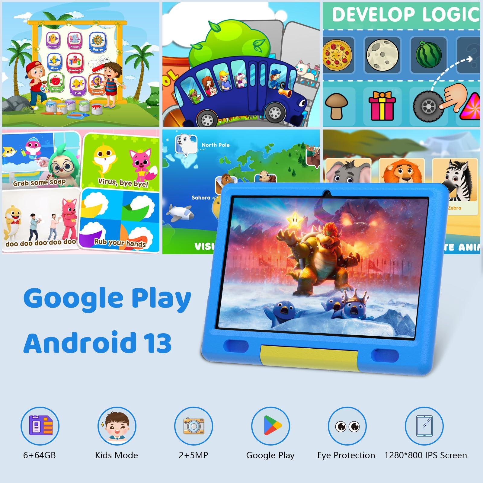 Cheerjoy Kids Tablet 10 Inch Android 13 Tablet for Kids, 6(2+4) GB RAM+64GB ROM, Kids Parental Control Tablet, Educational Games, Dual Camera, Kids Tablet with Case (Blue)