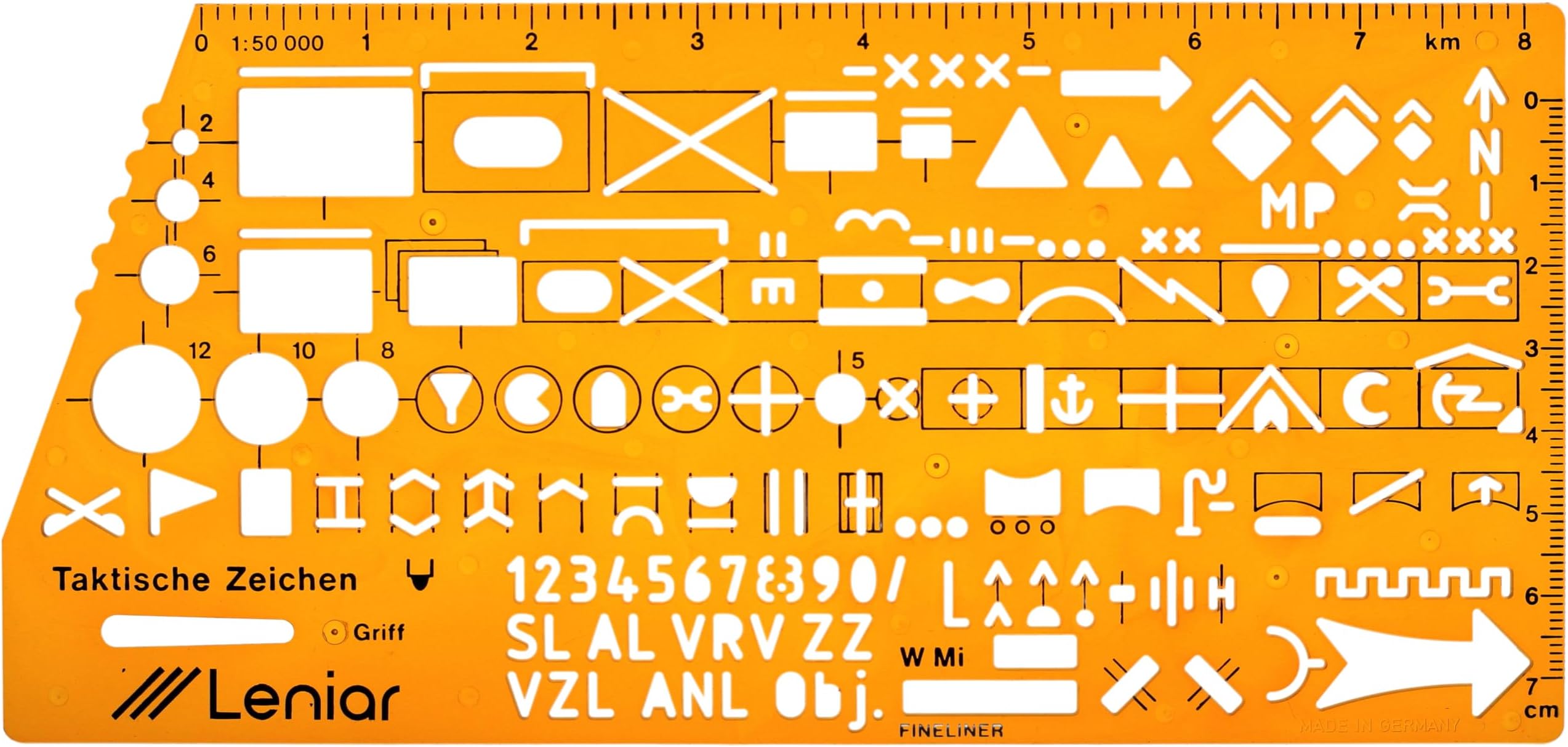 Military Map Marking Stencil Series 1 - Orange Transparent Plastic Stencil with Alpha Numerical Symbols, Ruler (cm/mm), 1:50,000 Measuring Scale - Adult