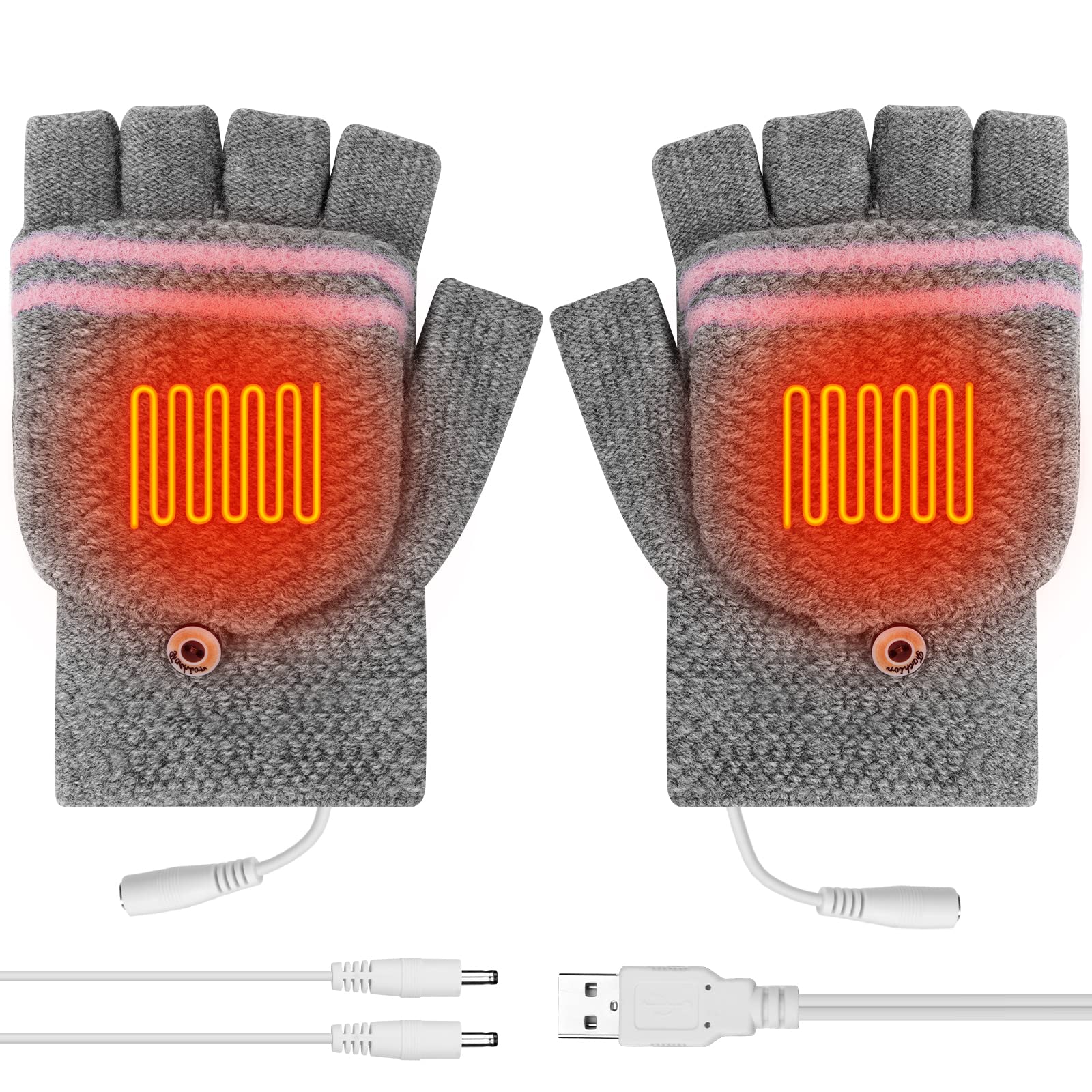 Flintronic Guantes Calefactables USB, Guantes Térmicos USB Unisex de Invierno, Guantes de Medio Dedo con Cubierta para el Dedo, Guantes de Tejer Lavables para Ciclismo/Esquí/Portátiles/Oficina-Rosa