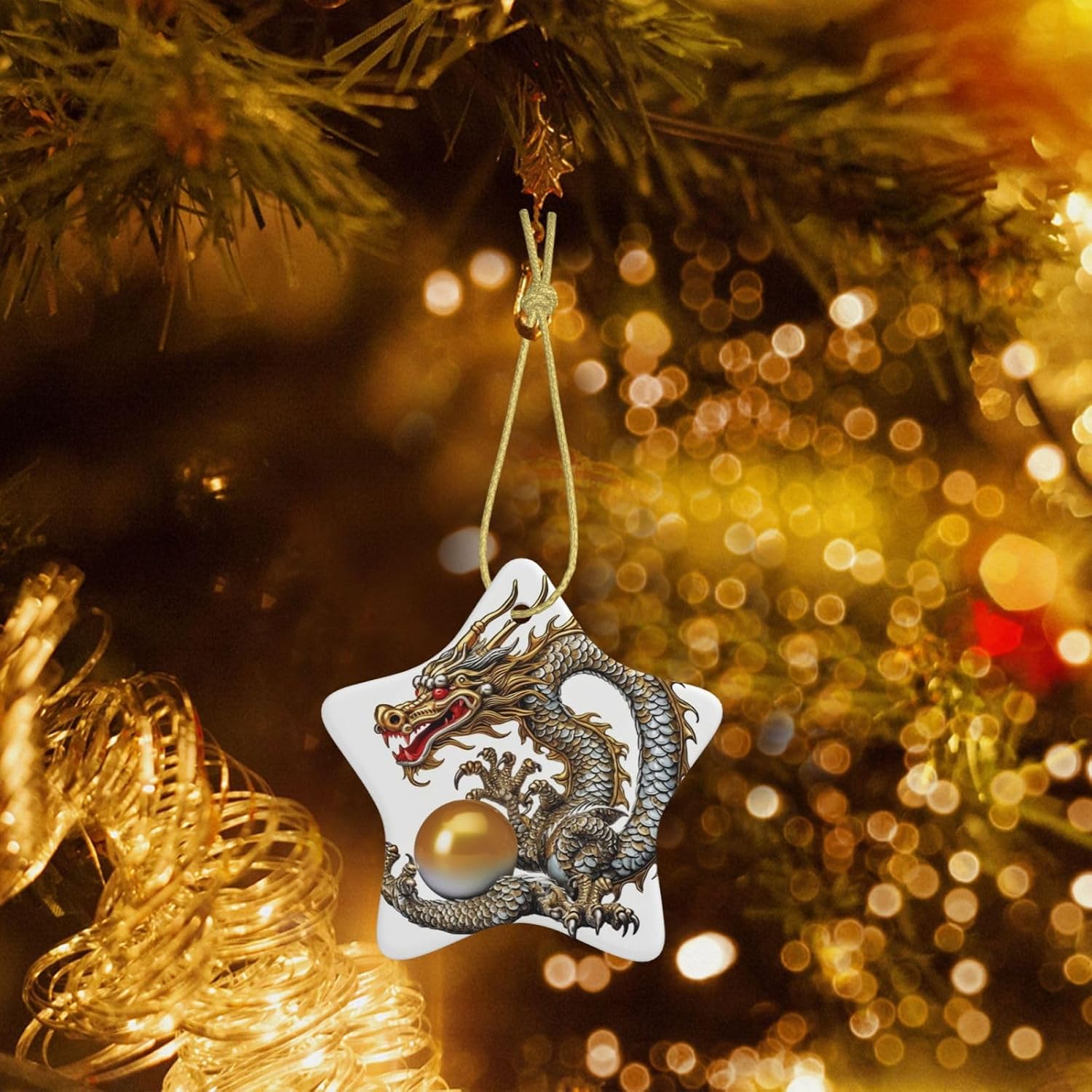 Dragon with Pearl Christmas Ornament with Gold Ribbon Christmas Tree Ceramic Ornament Xmas Star Shape Hanging Ornaments Pendants Round Xmas Crafts for Holiday Party Decoration Gift