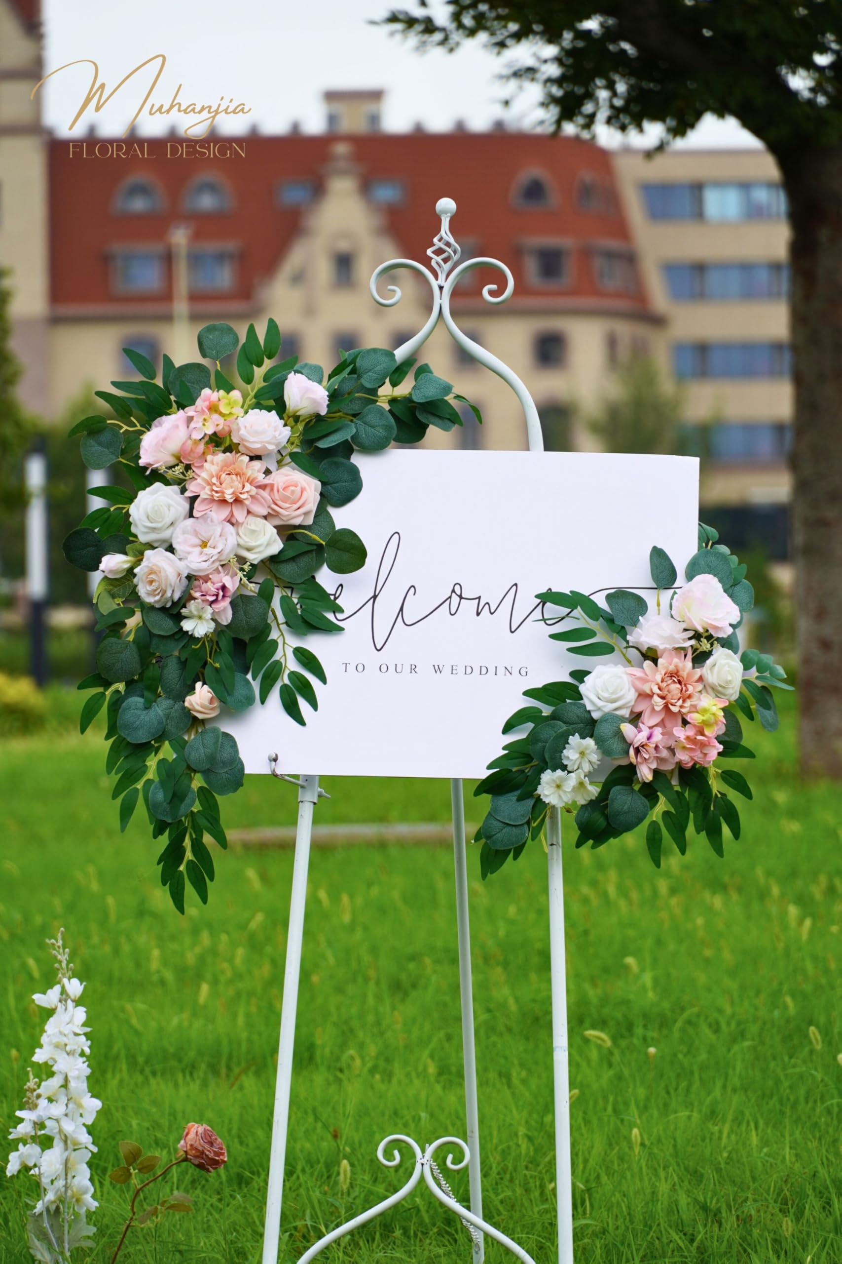 Muhanjia Znak ślubny, sztuczny kwiat (2 sztuki) na ceremonię, przyjęcie, przyjęcie, wejście, kwiatowa dekoracja, sztaluga, stojak na ślub, plakat, znak powitalny (różowy)