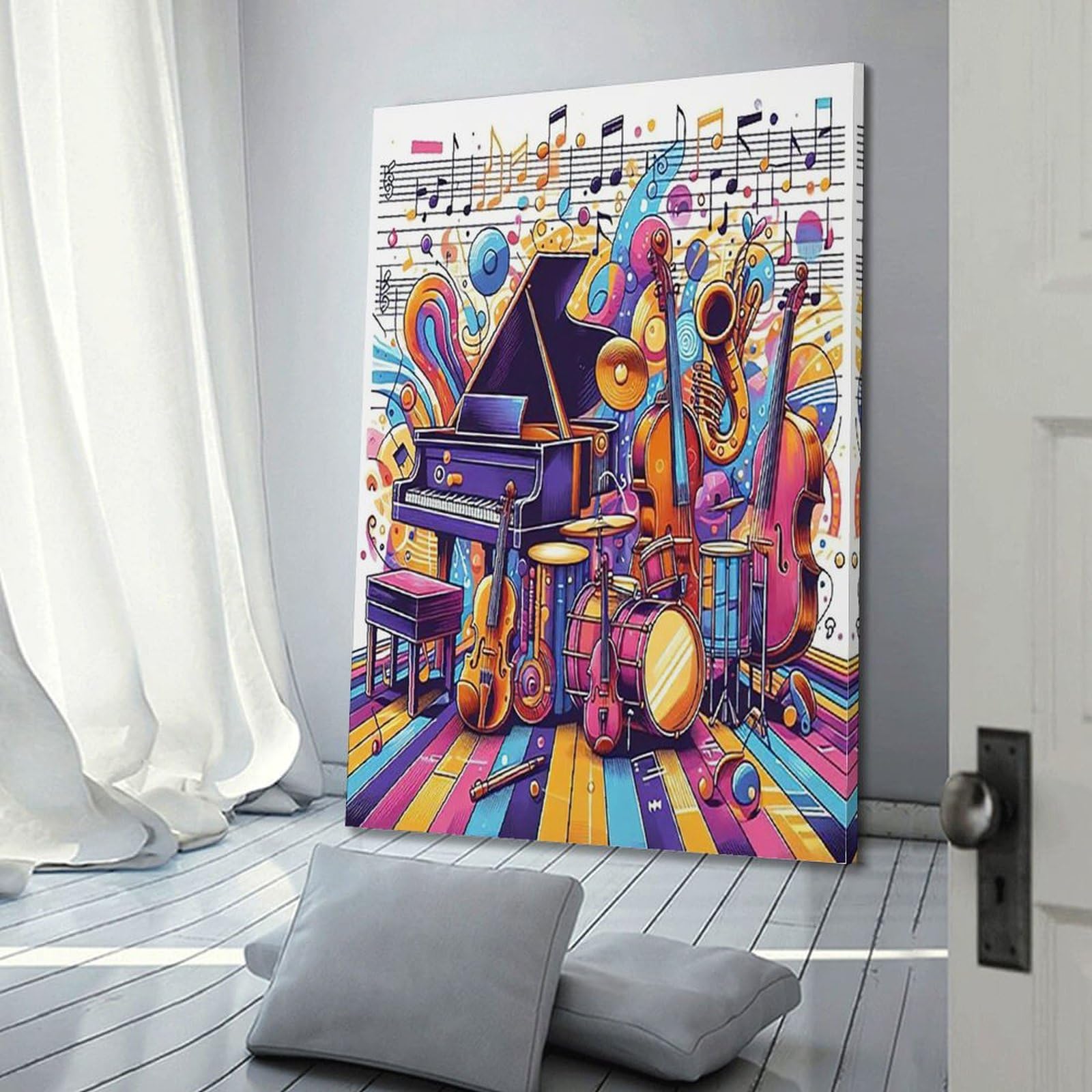 Poster per festival musicali, stile anime, note in movimento, vari tipi di strumenti musicali, poster decorativo da parete su tela e stampa artistica moderna per camera da letto, poster decorativo per