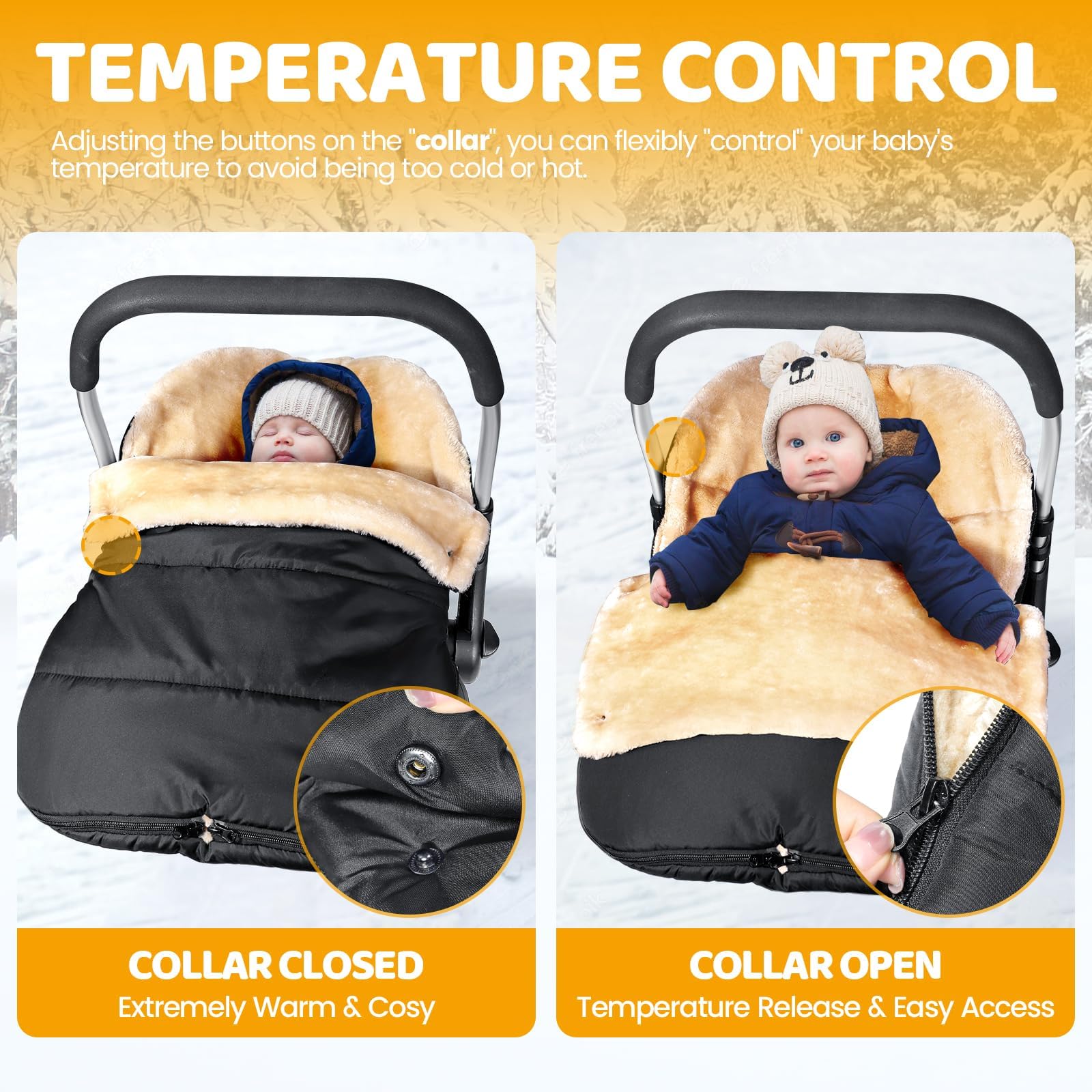 Orzbow Chanceliere Bebe Cosy, Réglable Nid D'ange Bebe Cosy avec Fermeture Éclair, Accès Facile, Imperméable Nid Dange Siege Auto avec Tissu Éponge, Chaud Imitation Laine Polaire, Noir Élégant