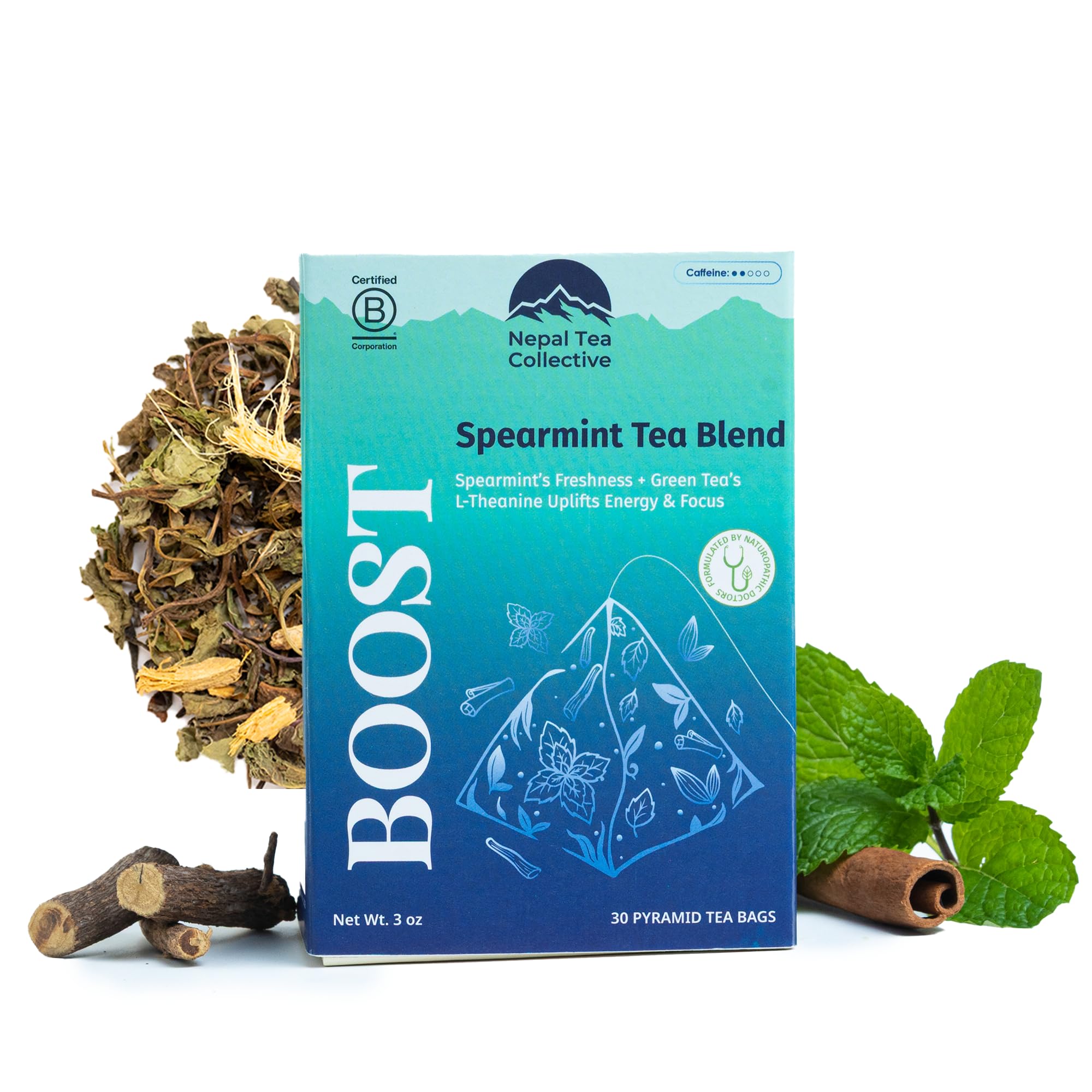 NEPAL TEA Boost Spearmint Green Tea Bags, 30 Count | Wellness Blend with Licorice Root & Cinnamon, Medium Caffeine | Digestive Wellness Energy | Plastic Free Pyramid Bags with Whole Tea Leaves