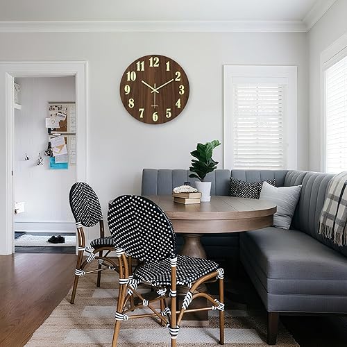Miniatura 4 de jomparis Función de luz nocturna grande de 16 pulgadas, reloj de pared de madera que brilla en la oscuridad, decoración de estilo rústico para sala