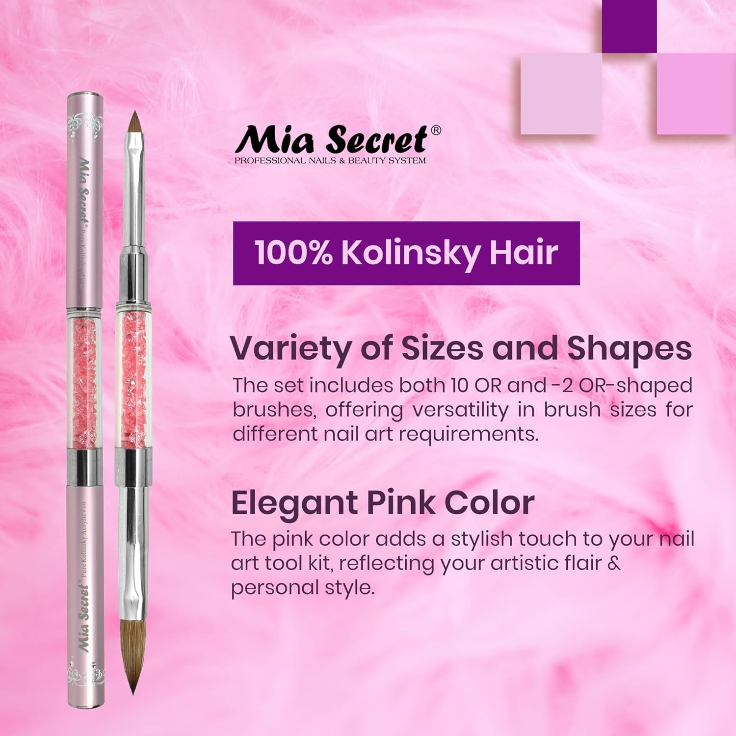 Mia Secret PREMIER NAIL BRUSHES 100% Kolinsky Hair MADE IN USA Prenium Nail Art Brushes (Pink, 10 OR/-2 OR)