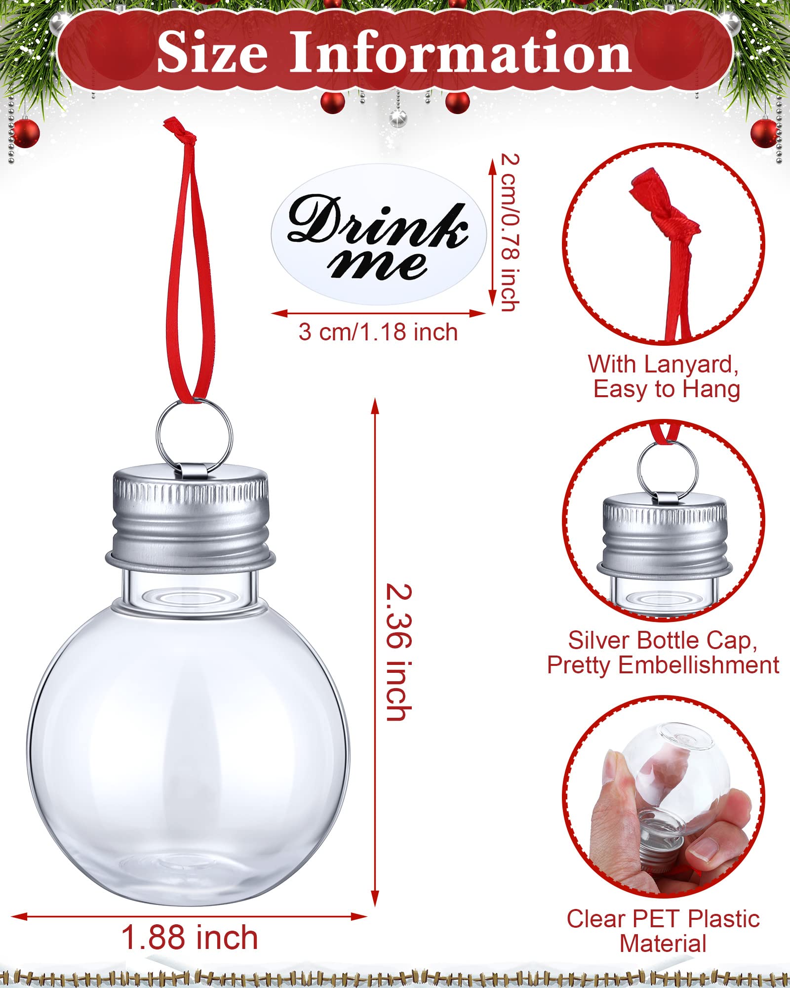Jerify 48 Pieces Christmas Booze Balls Christmas Tree Ornaments Clear Plastic Fillable Booze Ornaments Bulbs Pendant with Stickers Ribbons for Xmas Holiday Decor