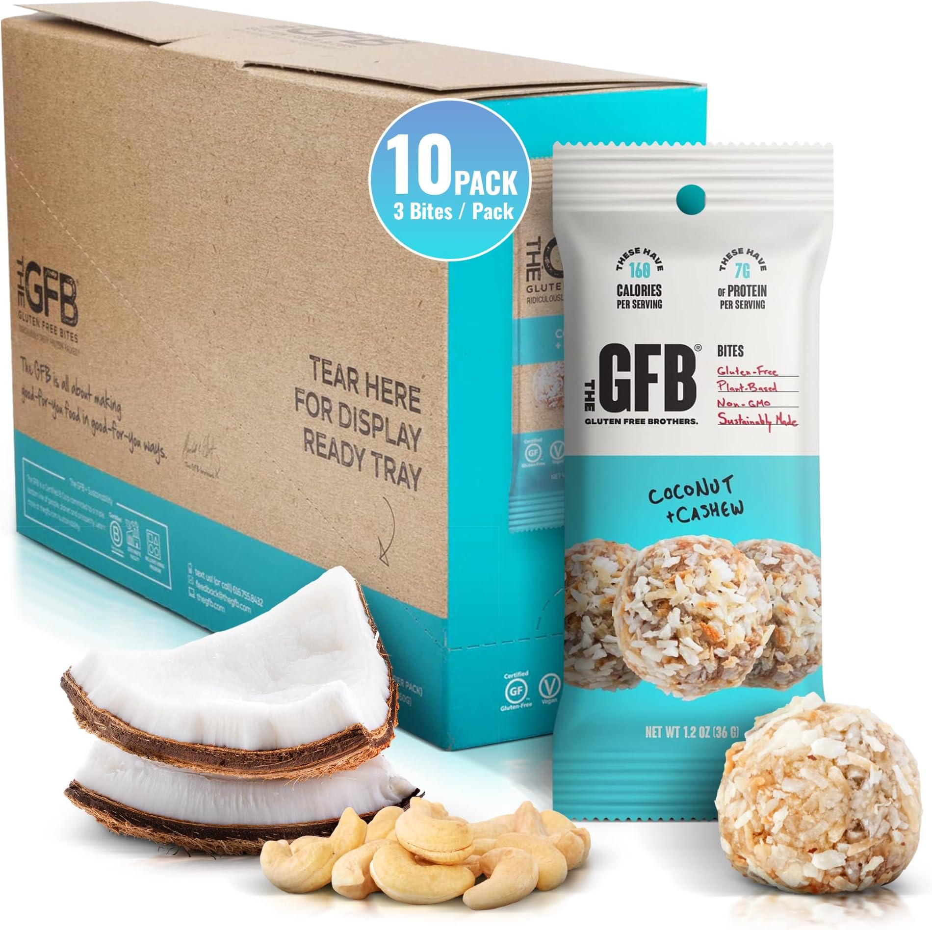 The GFB Coconut Cashew Protein Bites - Gluten Free, Plant Based, Non GMO, Sustainably Made – Ridiculously Tasty, Healthy, Vegan, Protein Energy Balls, 1.2 oz (10 count)
