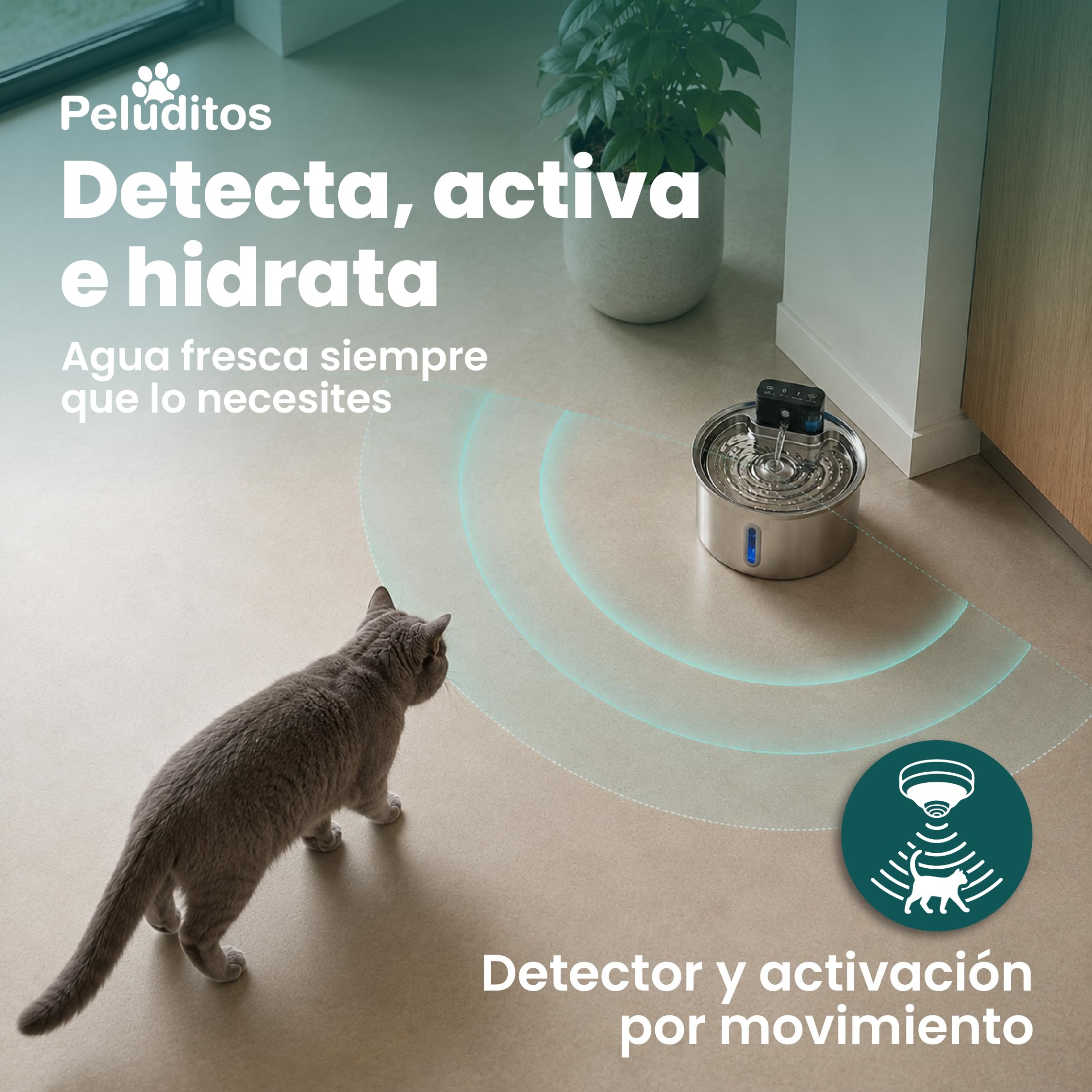 Peluditos SUS304 - Fontana per gatti in acciaio inox, 2,5 l, senza cavo, ricaricabile, 4200 mAh, con sensore di movimento, fontana d'acqua per gatti e cani, ultra silenziosa