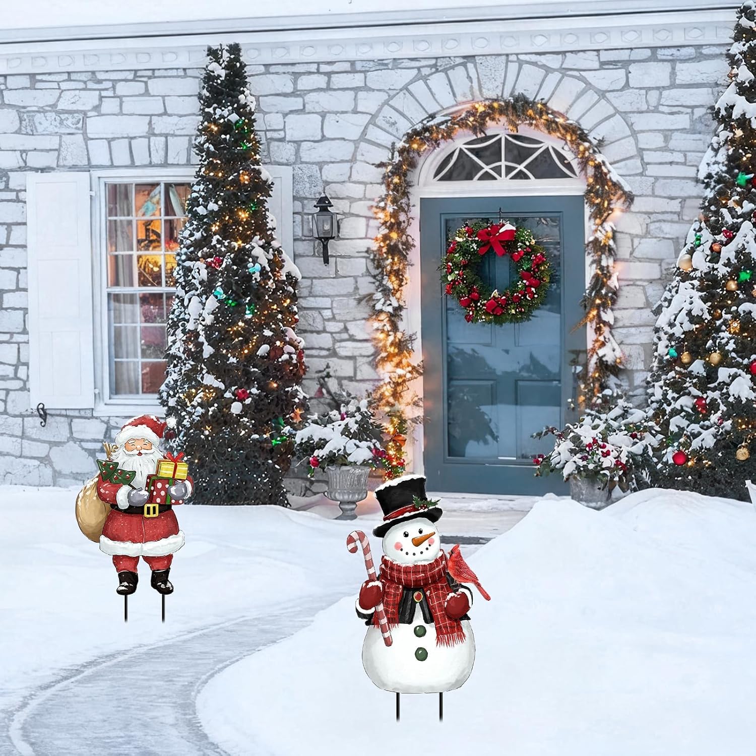 Christmas Decorations Outdoor, Snowman and Santa Claus Metal Yard Signs with Stakes, Xmas Winter Decorative Signs for Garden House Lawn Pathway Patio Outside