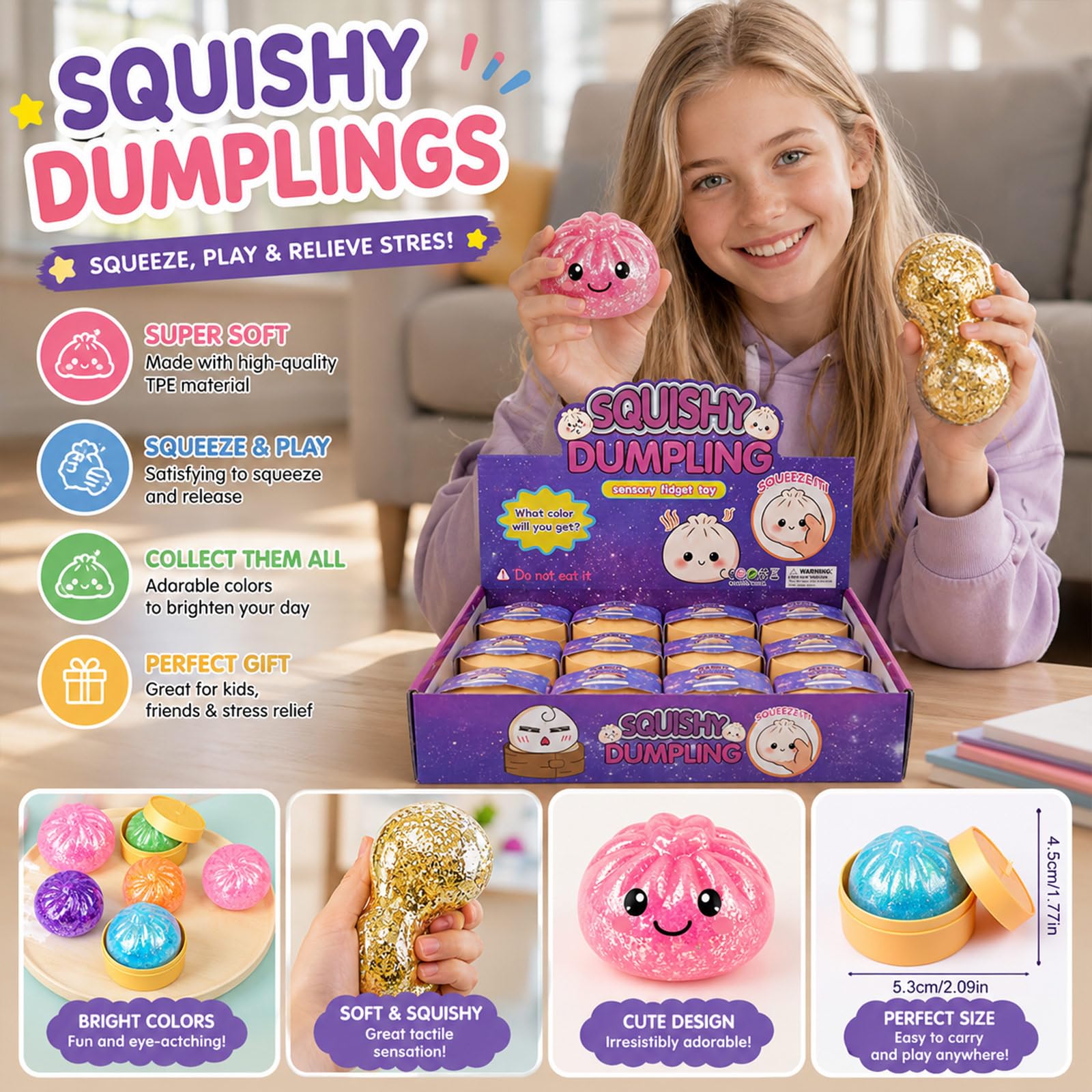 Set di 12 dumpling squishy glitterati, a forma di gnocchie, Squishy Dumplings Mystery Box, giocattoli sensoriali scintillanti, giocattoli flessibili in TPR Fidget con confezione per cottura a vapore