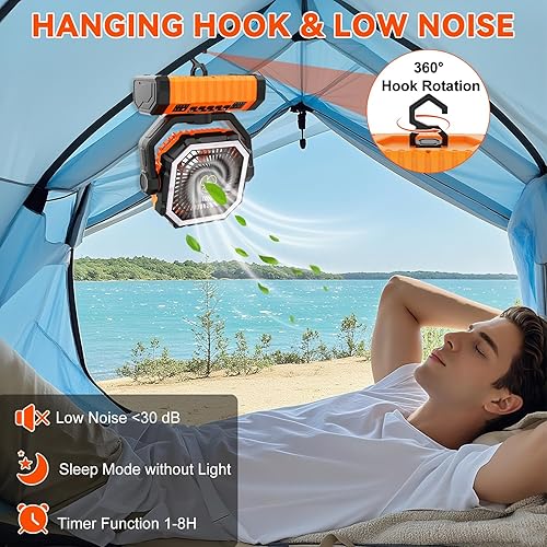 Miniatura 5 de Ventilador de campamento recargable, 20000 mAh ventiladores grandes alimentados por batería, ventilador recargable de 4 velocidades portátil con