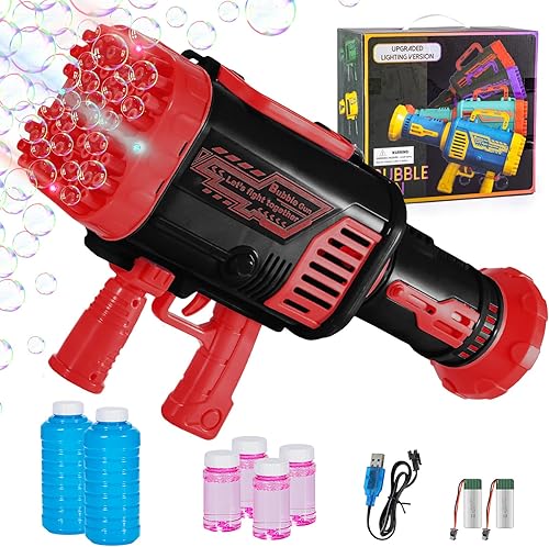 Pistola de burbujas para niños, máquina grande de 64 agujeros con luz colorida, dos baterías recargables, seis burbujas de agua, color rojo