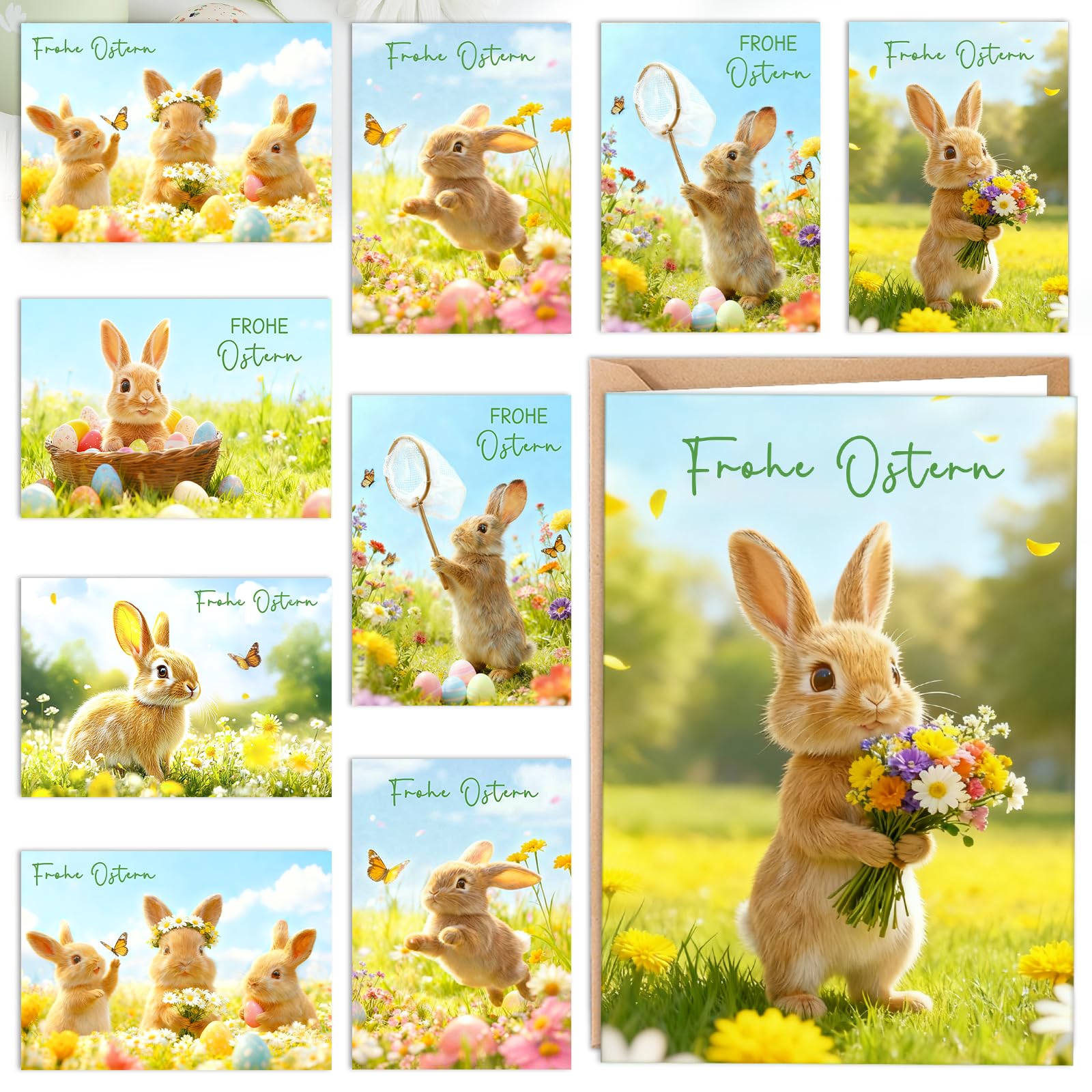 Osterkarten mit Umschlag Set, 12 Stück Osterkarten Karte Ostern, Osterkarte Aufklappbar mit Ostereier Hasen, Grußkarten Frohe Ostern Karte Hochwertig Frühling Karten Postkarte für Familie Freunde
