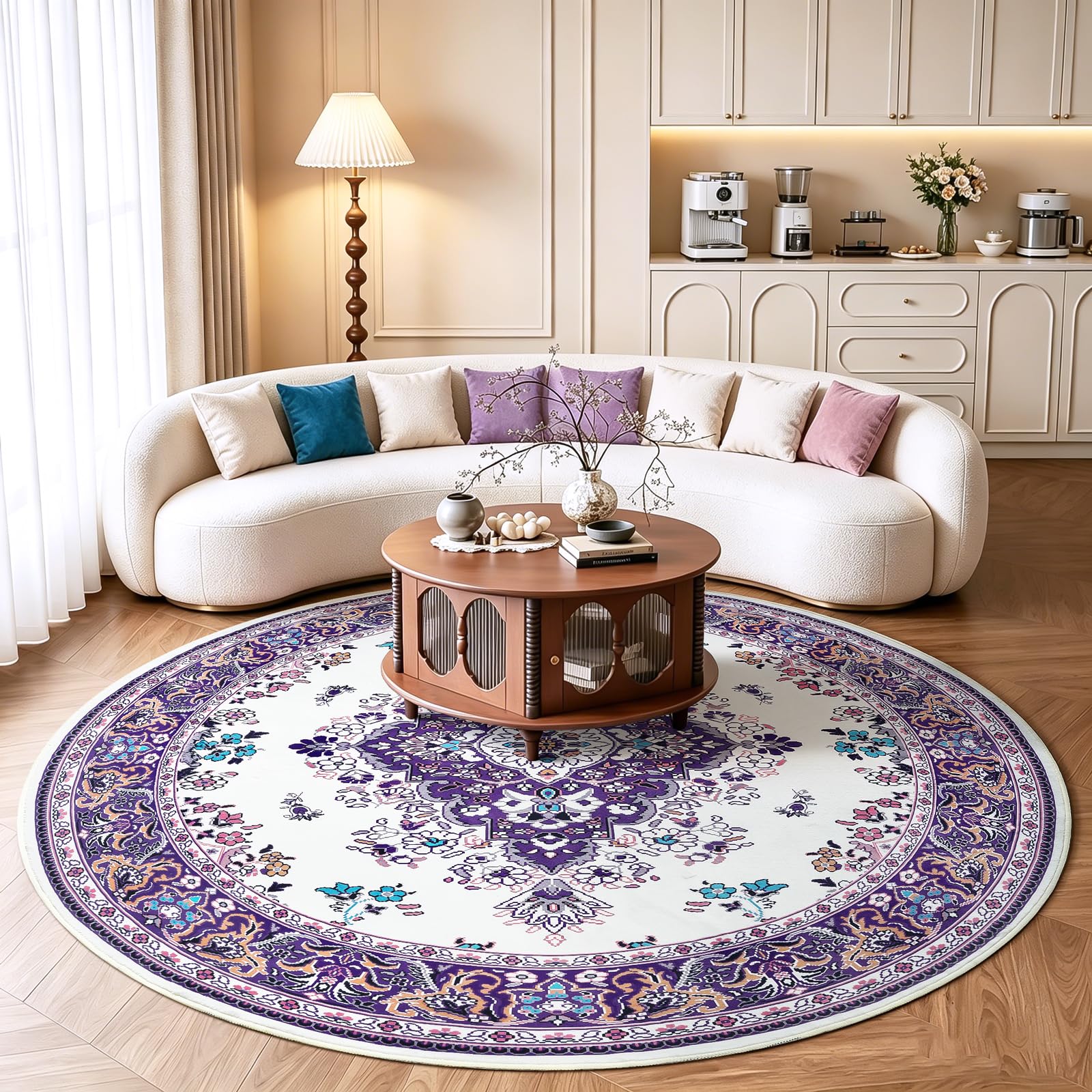 HOMORE purple 6 foot round washable floral rug