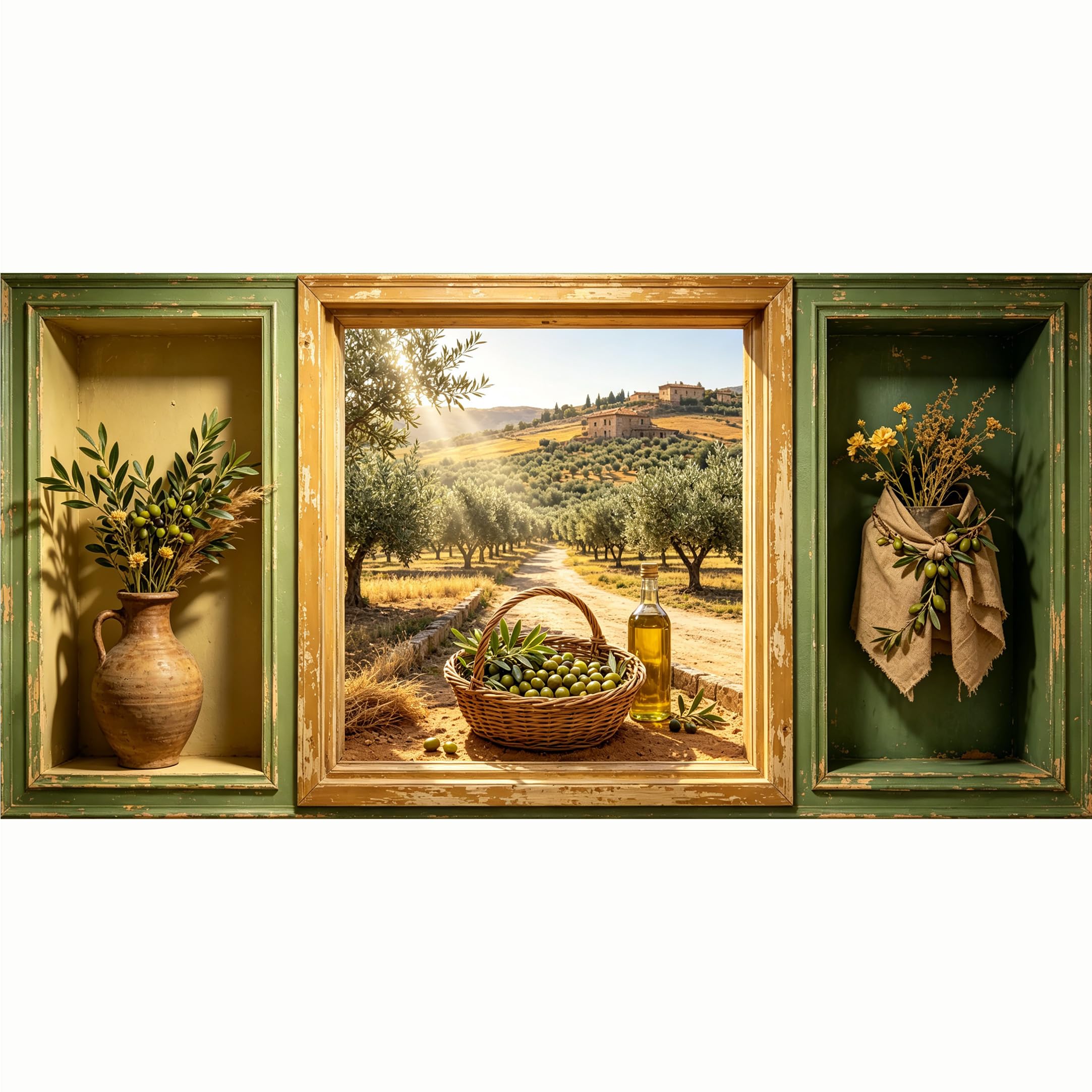 QZLITHOTIC 50x100cm 3D Framed Wall Art， Tuscan Olive Grove Landscape Self‑Adhesive Mural， Water‑Activated Peel & Stick Fabric Decor Wall Decal for Bedroom Living Room