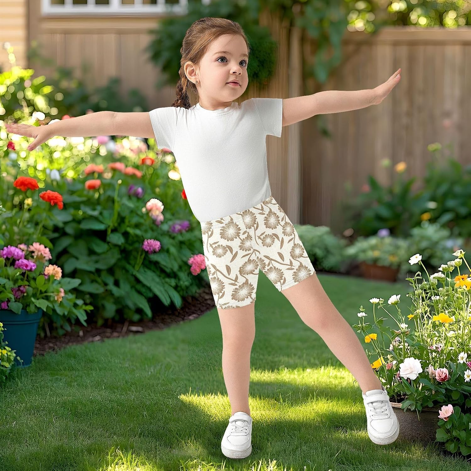 Flower Leaf Beige Girls Bike Shorts Toddler Soft Cotton Cartwheel Under Dress Dance Shorts