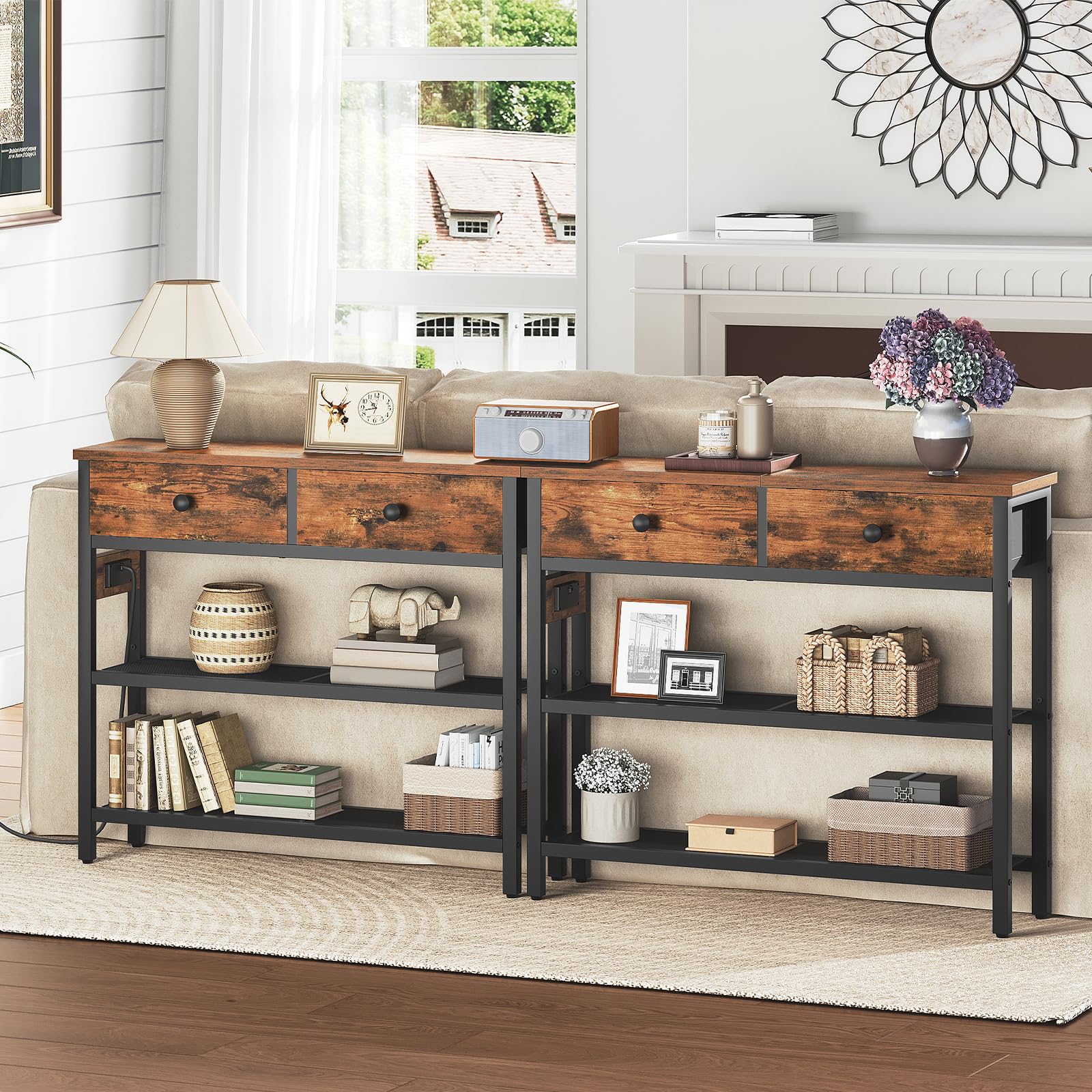 HOOBRO Mesa de Consola de 75 cm, Mesa de Entrada con Regleta, 2 Cajones de Tela, Estantes de Rejilla Metálicas, Expositor, para Entrada, Pasillo, Sala de Estar, Marrón Rústico y Negro EBF72CXG01