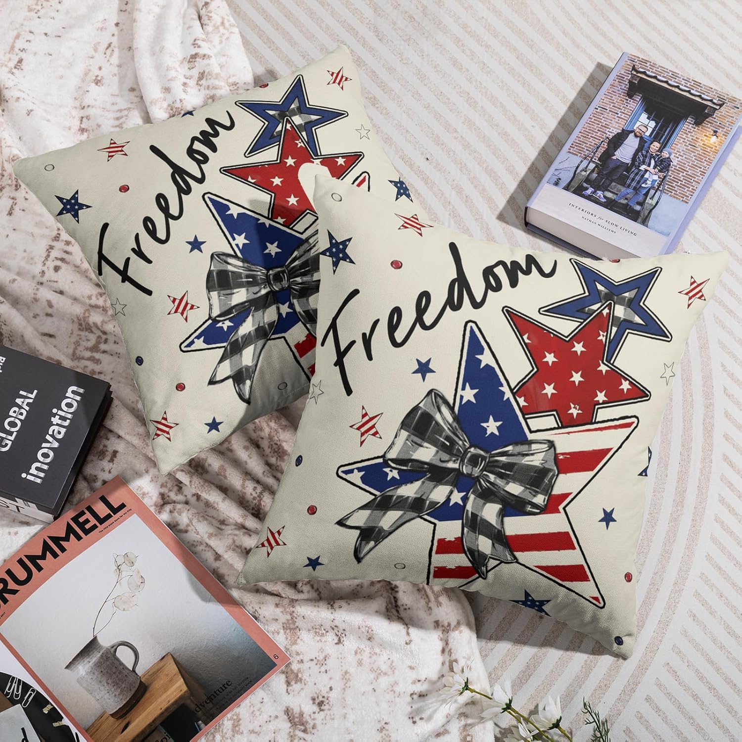 Patriotic 4th of July Pillow Covers 24X24 Set of 2, Memorial Day Red White Blue American Flag Star Freedom Decorative Throw Pillowcases Outdoor Fourth July Holiday Cushion Cases Couch Sofa Bed Decor