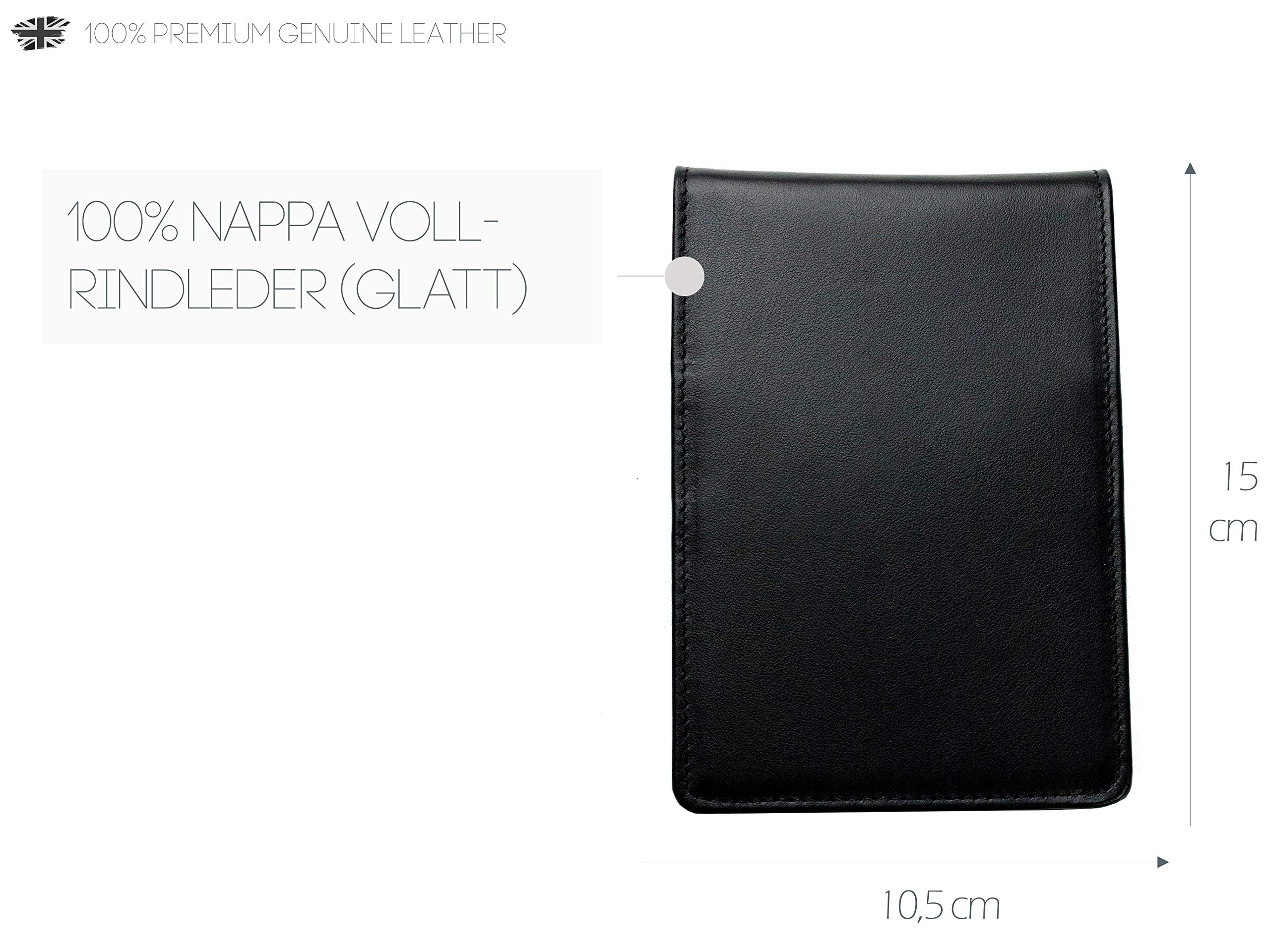 DELMON VARONE - Personalisierbares Notizblock Etui DIN A6 aus Boxcalf Premium Leder schwarz, Design Reporterblock im Hardcover Ledereinband, Stiftschlaufe, Einschubfach und blanko Block liniert