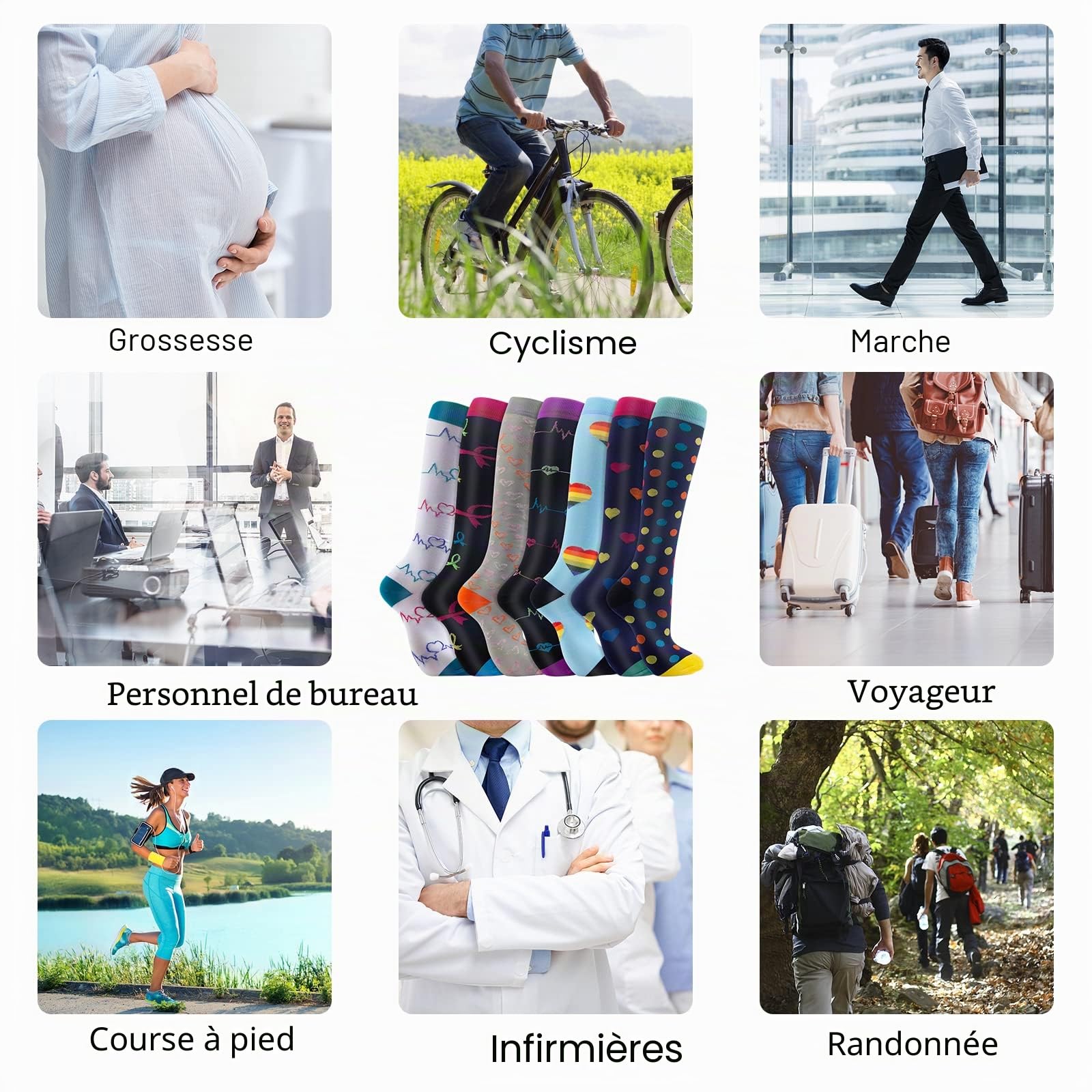 Chaussettes de Compression, (2/4/6/7 paires) pour Hommes et Femmes 15-20 mmHg, idéales pour L'athlétisme, la Course, les voyages en avion, le Soutien