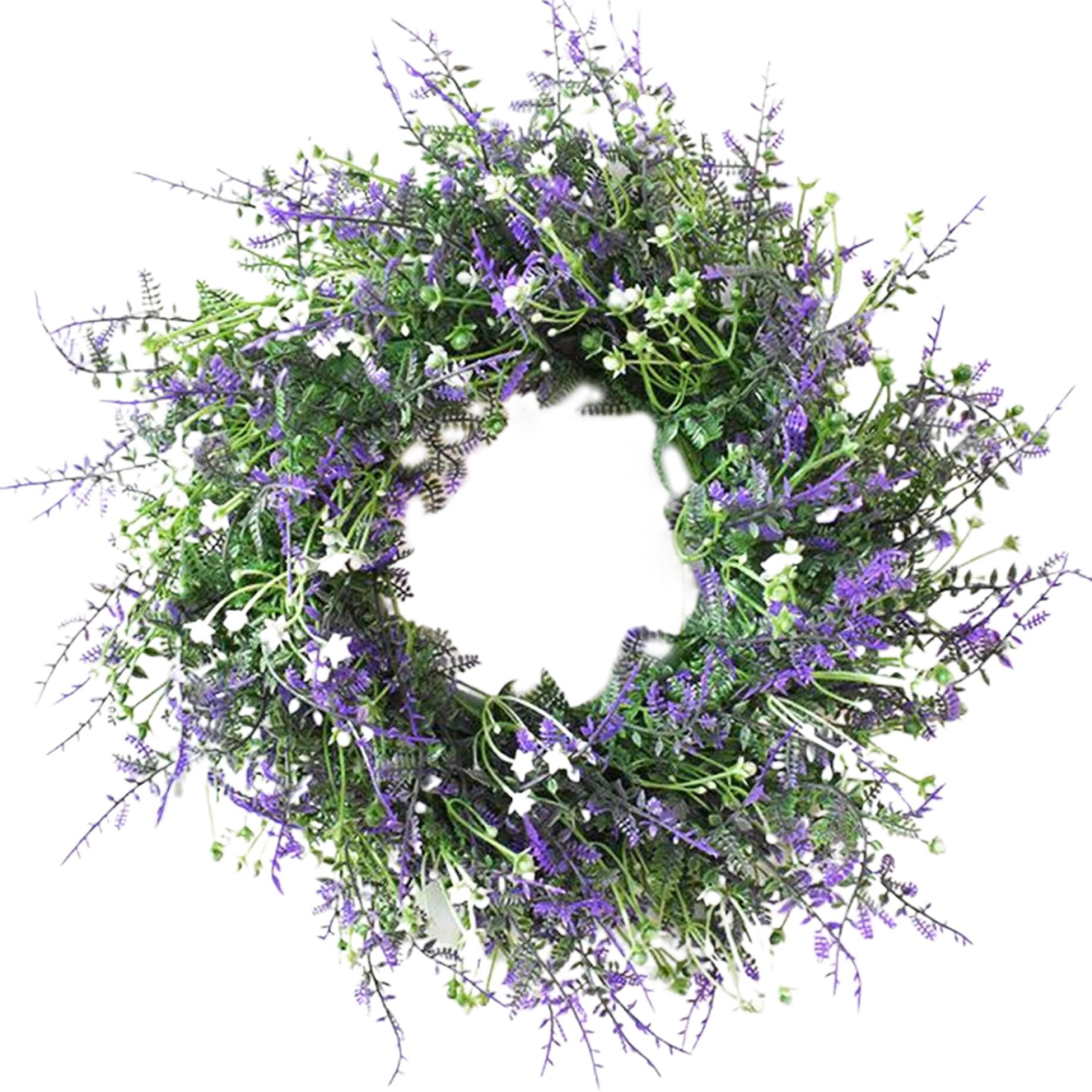 Peosaard Purple Wreath, Lavender Wreath 12 Inch Lavender Spring With Green Leaves Low Maintenance Plastic Decor For Front Door, Wall, Window, Front Door