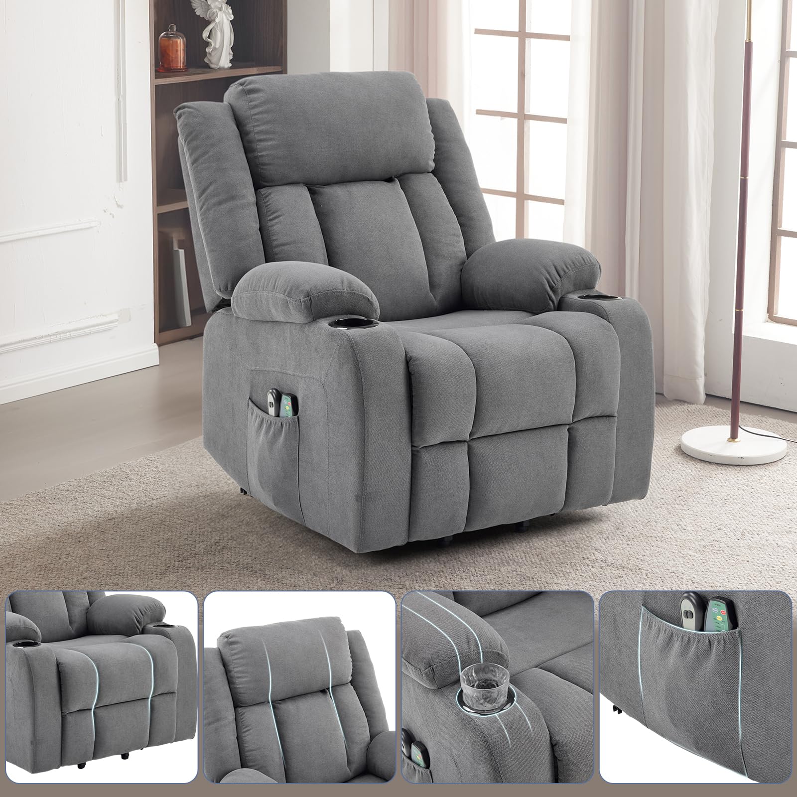 LEADZM Fauteuil Releveur Électrique Relax avec Fonction Massage et Chaleur, Inclinaison Réglable et Repose-Pieds, Télécommande Incluse Dunkelgrau
