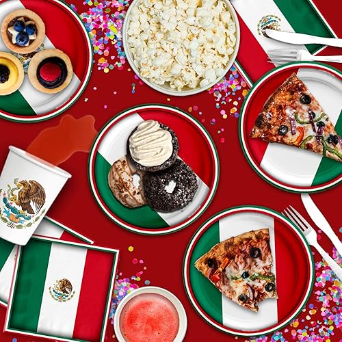 Miniatura 6 de Juego de suministros para fiesta de cumpleaños de la bandera de México, platos, servilletas, vasos, kit de vajilla para 16
