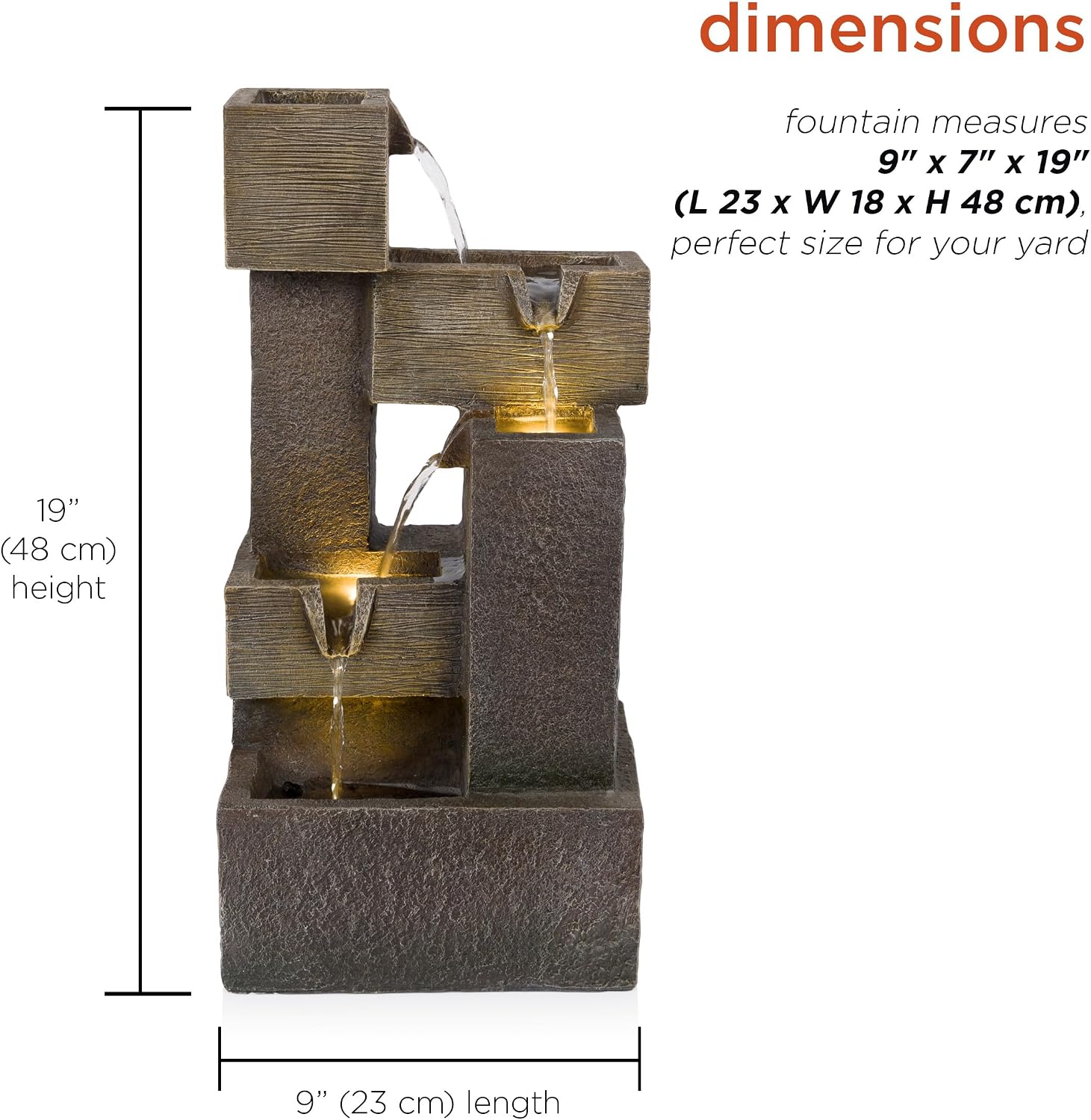 Alpine Corporation ZDQ110 19" Indoor/Outdoor Multi-Tier Water Fountain with LED Lights – Cascading Waterfall Feature for Gardens, Patios, Yards, and Home Décor, Gray