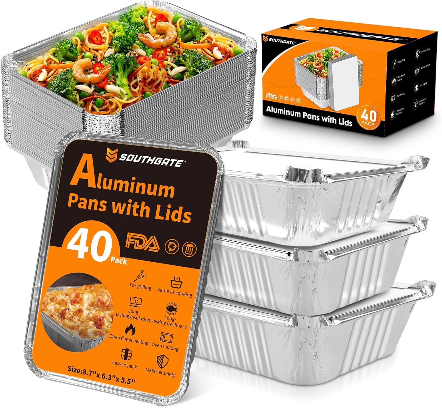 SOUTHGATE Aluminum Foil Pans with Lids 40Pack 2lb Capacity Baking