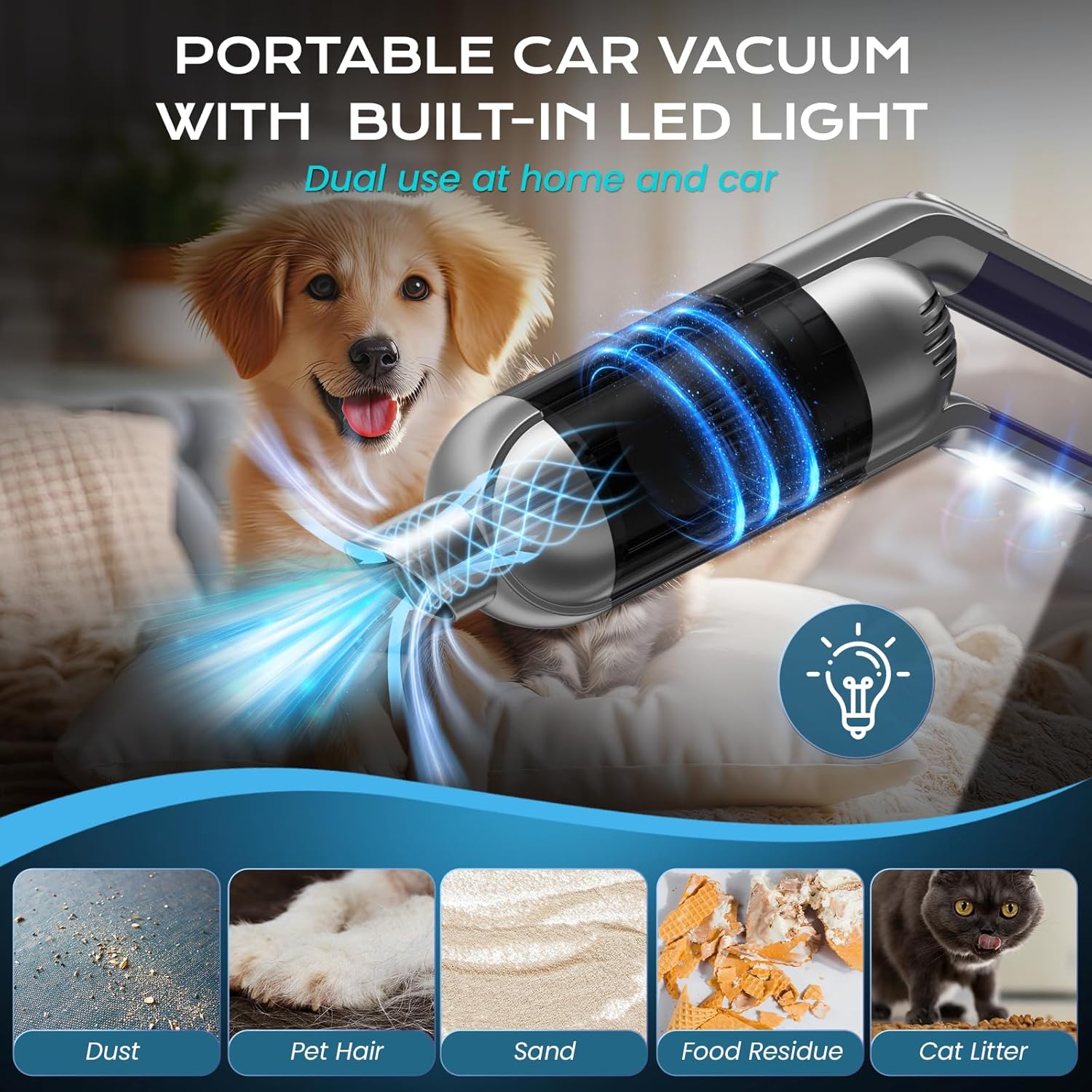 Cordless Handheld Vacuum, Portable Car Vacuum with LED Light,Rechargeable Small Vacuum Cleaner with Powerful Suction,Lightweight Vacuum Cleaner for Car Home Office Pet Hair,Grey