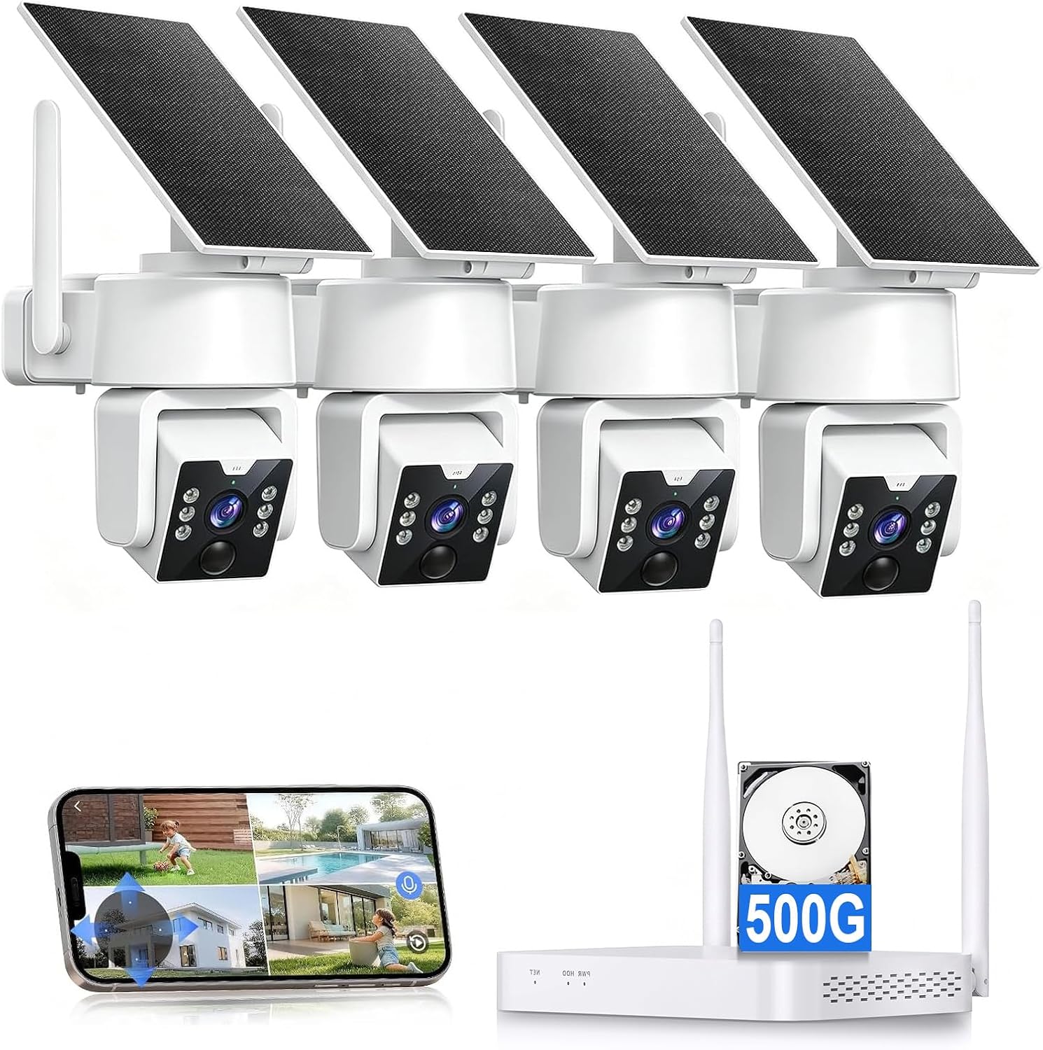 Solar Security Cameras Wireless Outdoor, Home Security Systems,500GB HDD nvr Security Camera System No Subscription, 2.4G & 5G WiFi,2-Way Audio, 4MP, 4 Cam-Kit, Color Night Vision, 360° View
