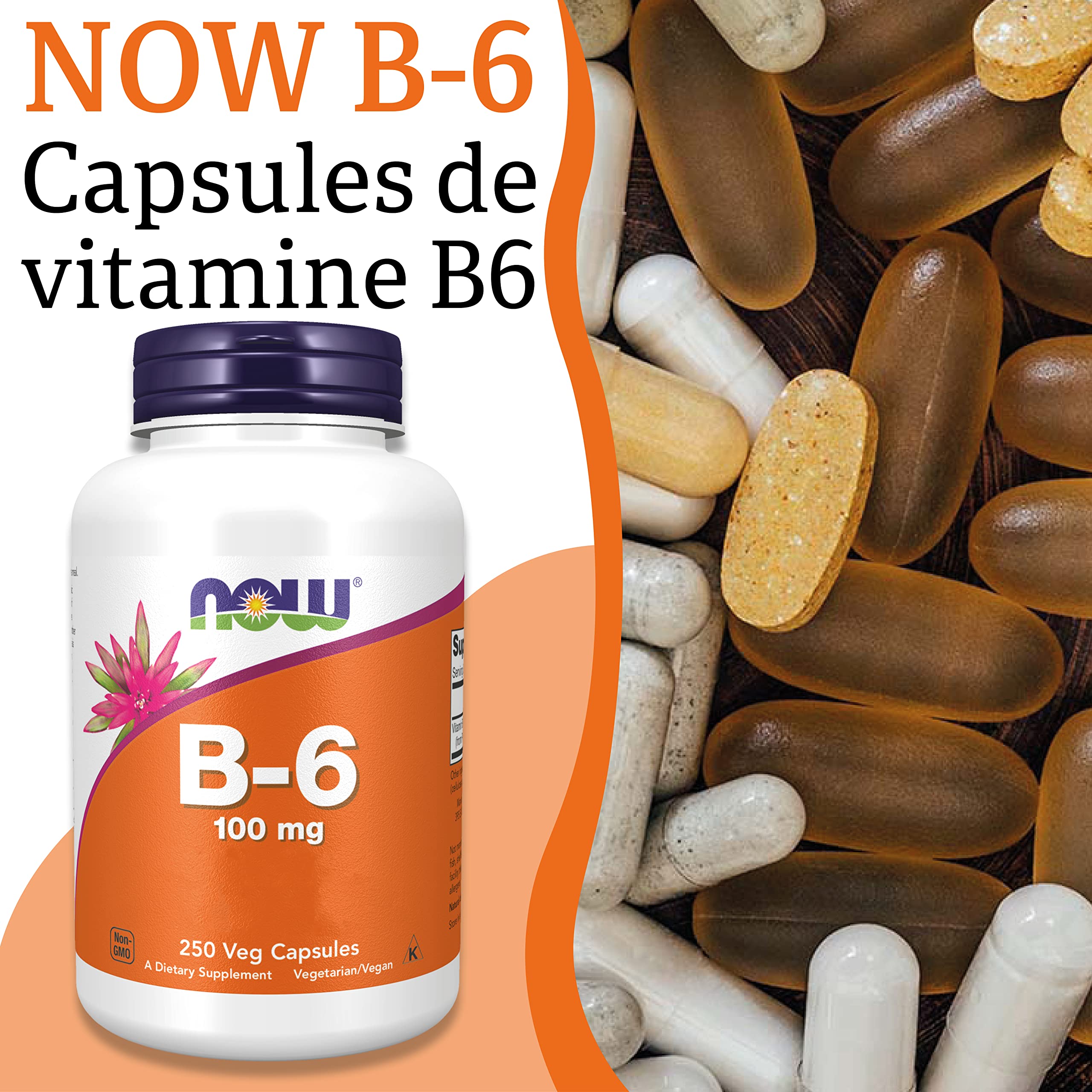 Now Foods, Vitamine B6 (Pyridoxine), 100mg, 250 Capsules végétaliennes, Testé en Laboratoire, Sans Gluten, Sans Soja, Végétarien, Sans OGM