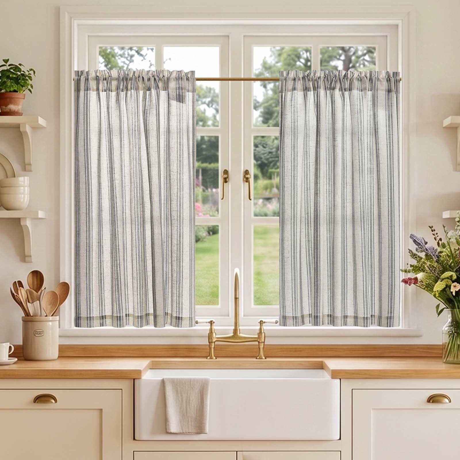 TOPICK Linen Look Kitchen Curtains, Cafe Curtains, W36 xL36 Black Striped โ image 1