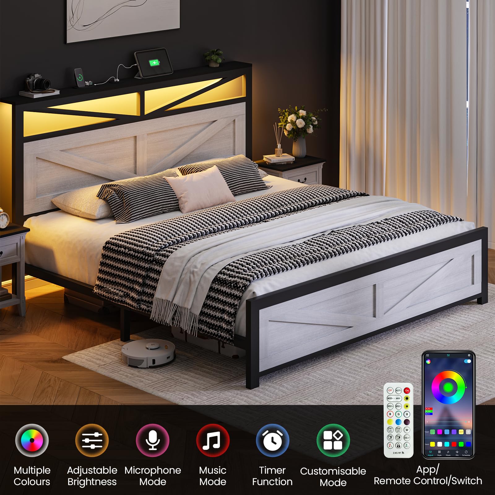 PROZENBDING Cadre de lit Double 160x200 avec LED et USB, Blanc | cadre de lit bois, rangement intégré, lit avec sommier à lattes – sans matelas,