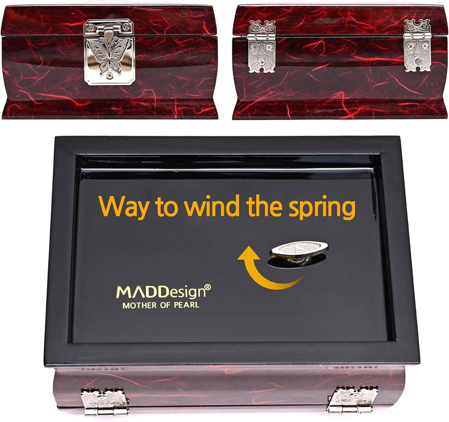 MADDesign Mother of Pearl Lacquered Jewelry Music Ring Box Peacock Red