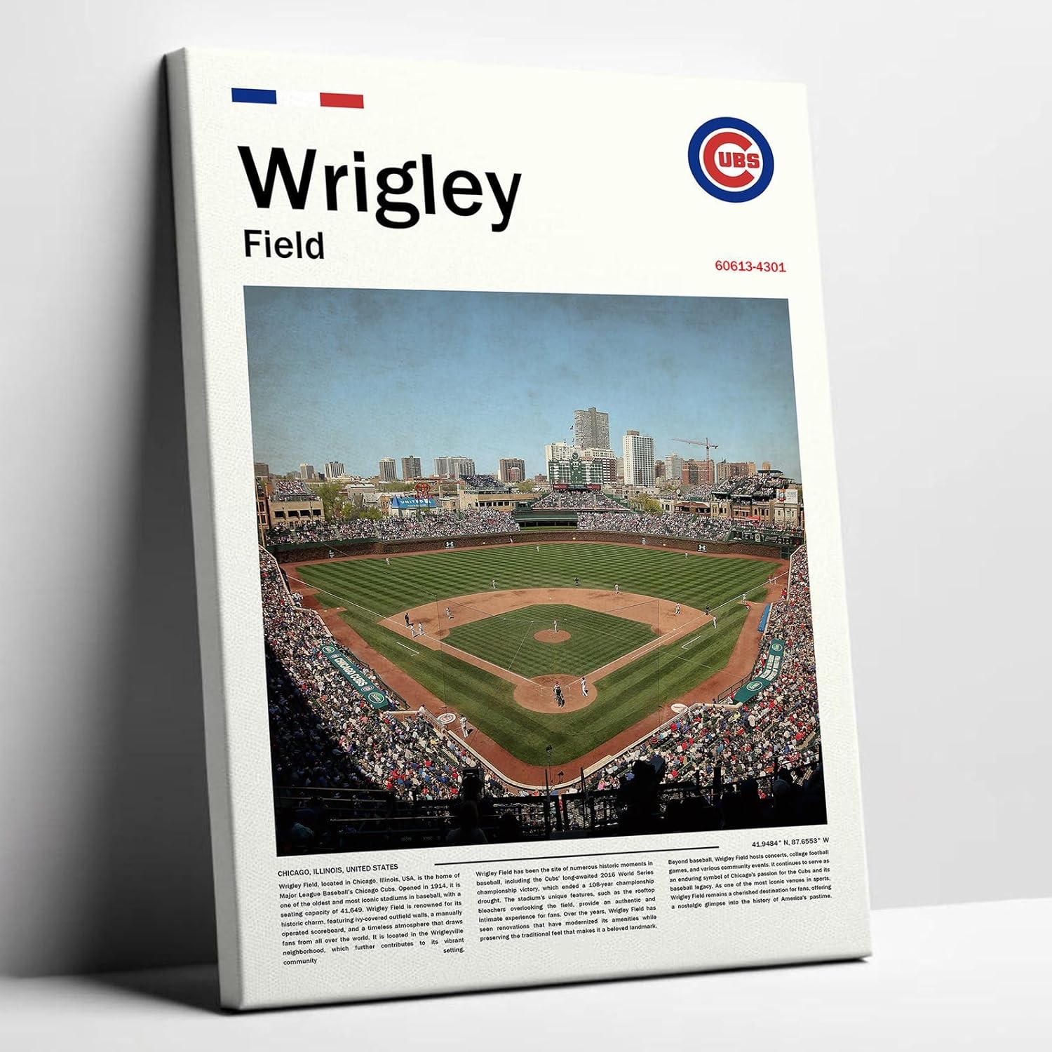 WrigleyField Stadium Poster (L24 xW16 Wrapped Canvas) Chicago Bay Ballpark Wall Art Print - Cubs Retro Sports Poster - Gift for Baseball Fans & Cubs Team Supporters