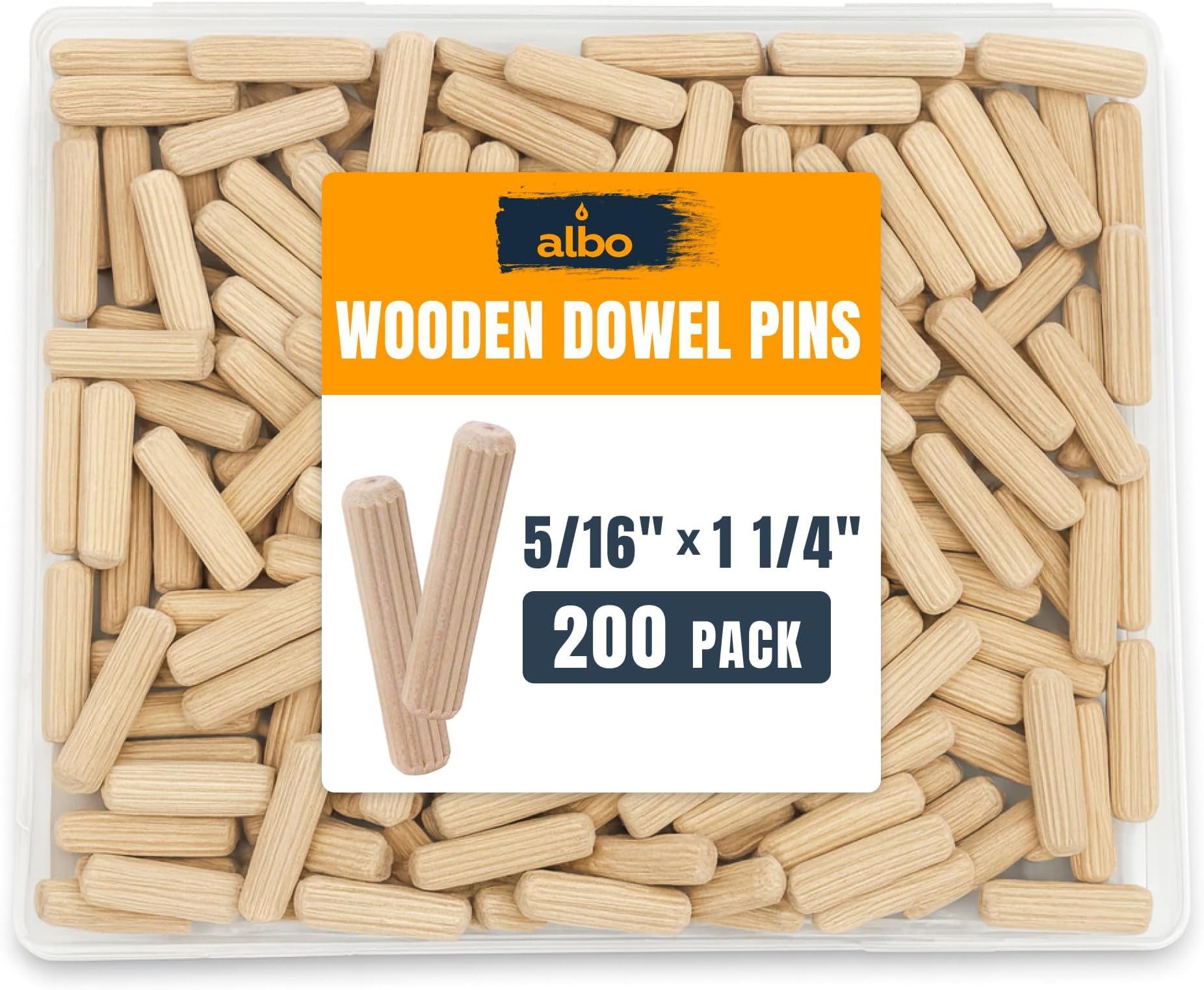 ALBO Wooden Dowel Pins 5/16 x 1 1/4 inch Fluted Wood Dowels Rods 200 Pack Hardwood Crafts Dowel Pegs