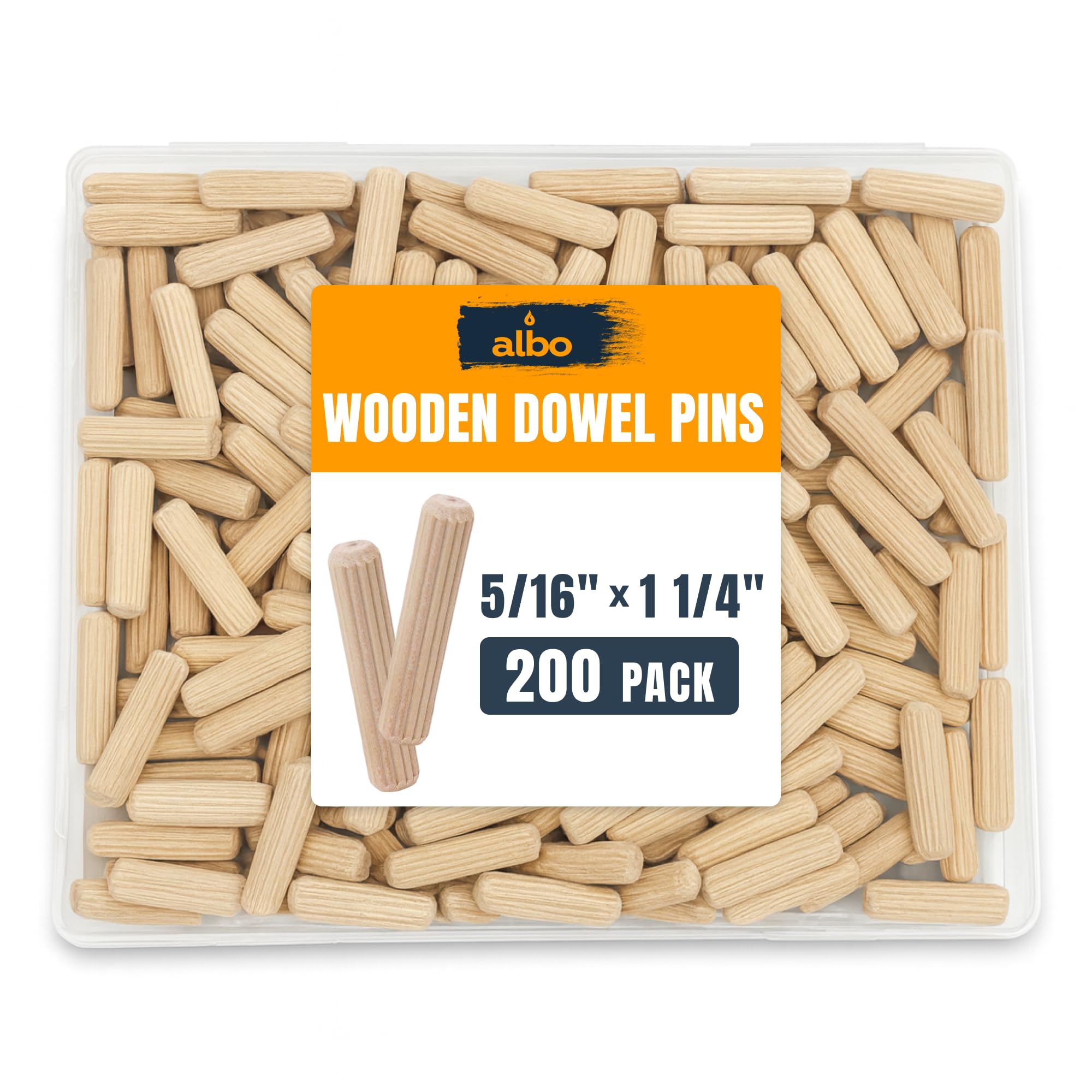 ALBO Wooden Dowel Pins 5/16 x 1 1/4 inch Fluted Wood Dowels Rods 200 Pack Hardwood Crafts Dowel Pegs