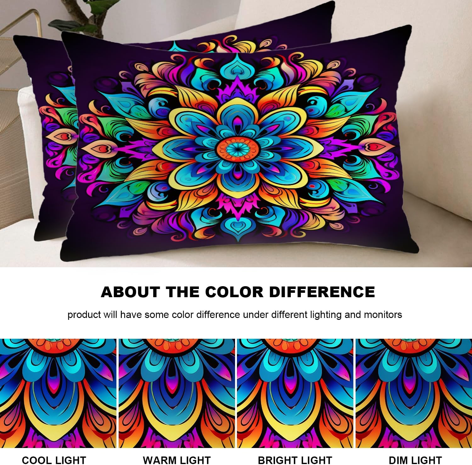 Shrahala Colorful Mandala Pillowcases, Ornate Circular Design Lumbar Pillow Cover Decorative Blended Double-Sided No Inserts for Bedroom Sofa Living Room Set of 2 (26 X 20 in)