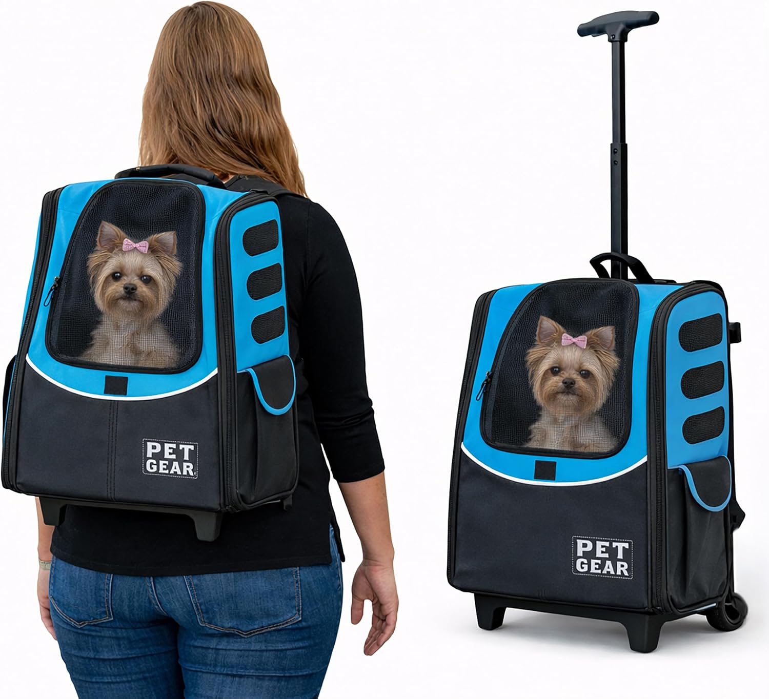 Pet Gear I-GO2 Escort Roller Backpack, Travel Carrier, Car Seat for Cats/Dogs, Mesh Ventilation, Included Tether, Telescoping Handle, Storage Pouch, Caribbean Blue