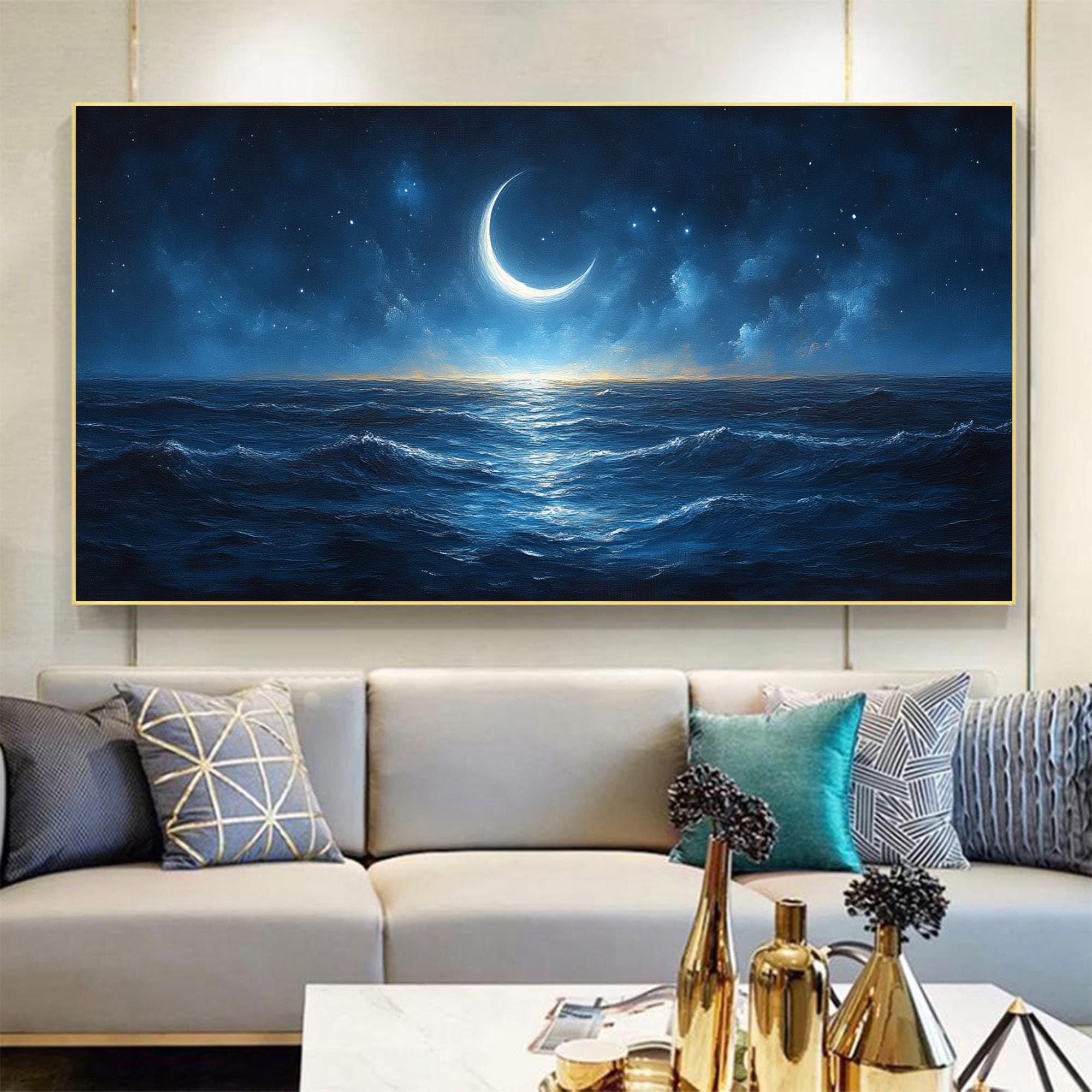 Pintura al óleo abstracta de paisaje marino con olas del océano azul en lienzo de 20x40cm 8
