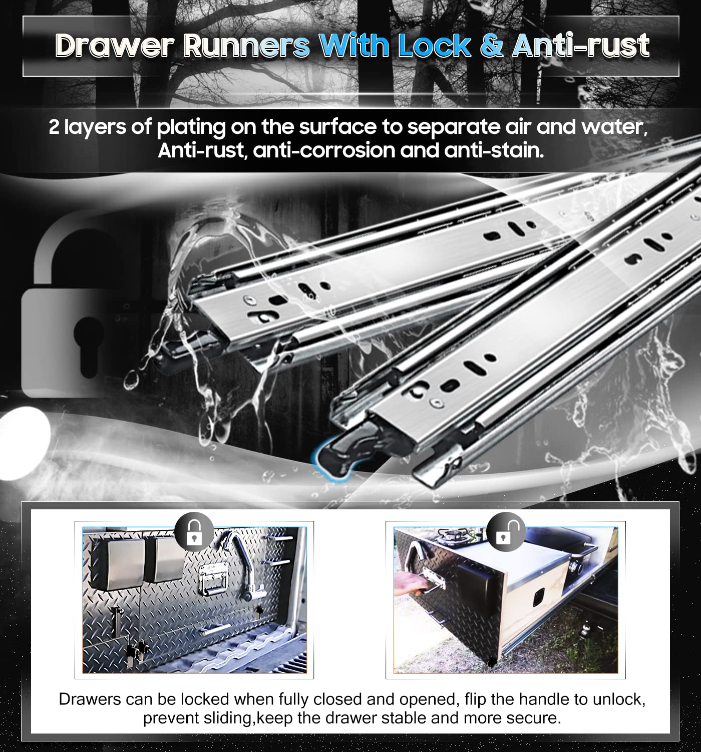 with Lock Heavy Duty Drawer Runners Slides Full Extension 300 350 400 450 500 550 650 700 800 850 900 950 400mm Ball Bearing Rails Track Guide Glides 68kg 1pair (with Lock - Image 4
