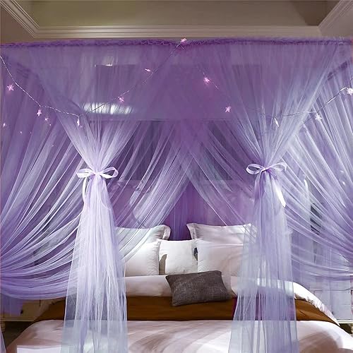 Miniatura 10 de VETHIN 4 Corners Post Princess Bed Canopy Curtain Double Layer Cozy Drape Netting 4 Opening Mosquito Net for Girls & Adults Bedroom Decoration