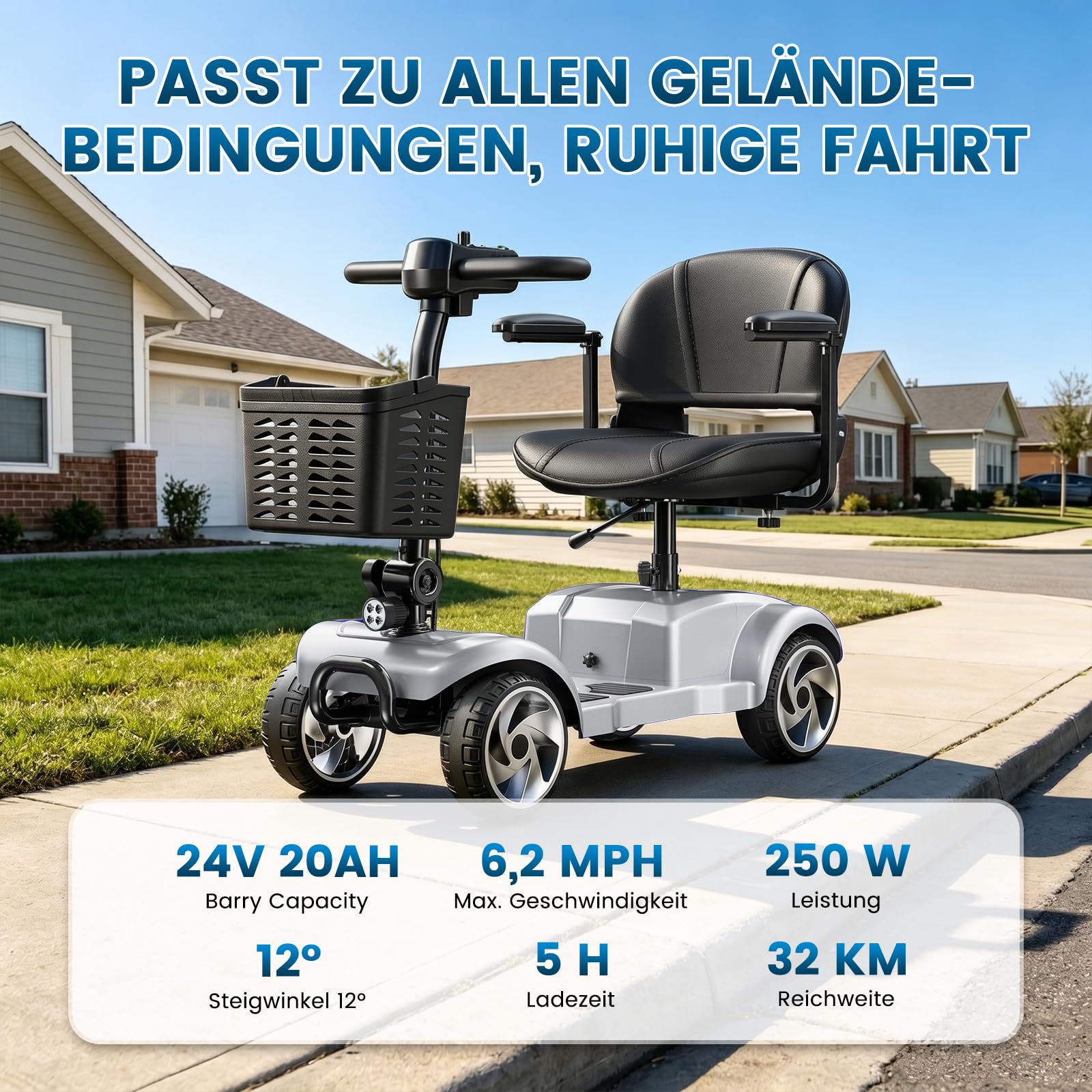 Seniorenmobil 4 Rad Klappbar Elektromobil für Senioren und Erwachsene 12AH Akku Elektrische Gehhilfe 20km Reichweite Faltbares Elektromobil mit Sitz und Korb bis 150kg für Privatgebrauch, Silber