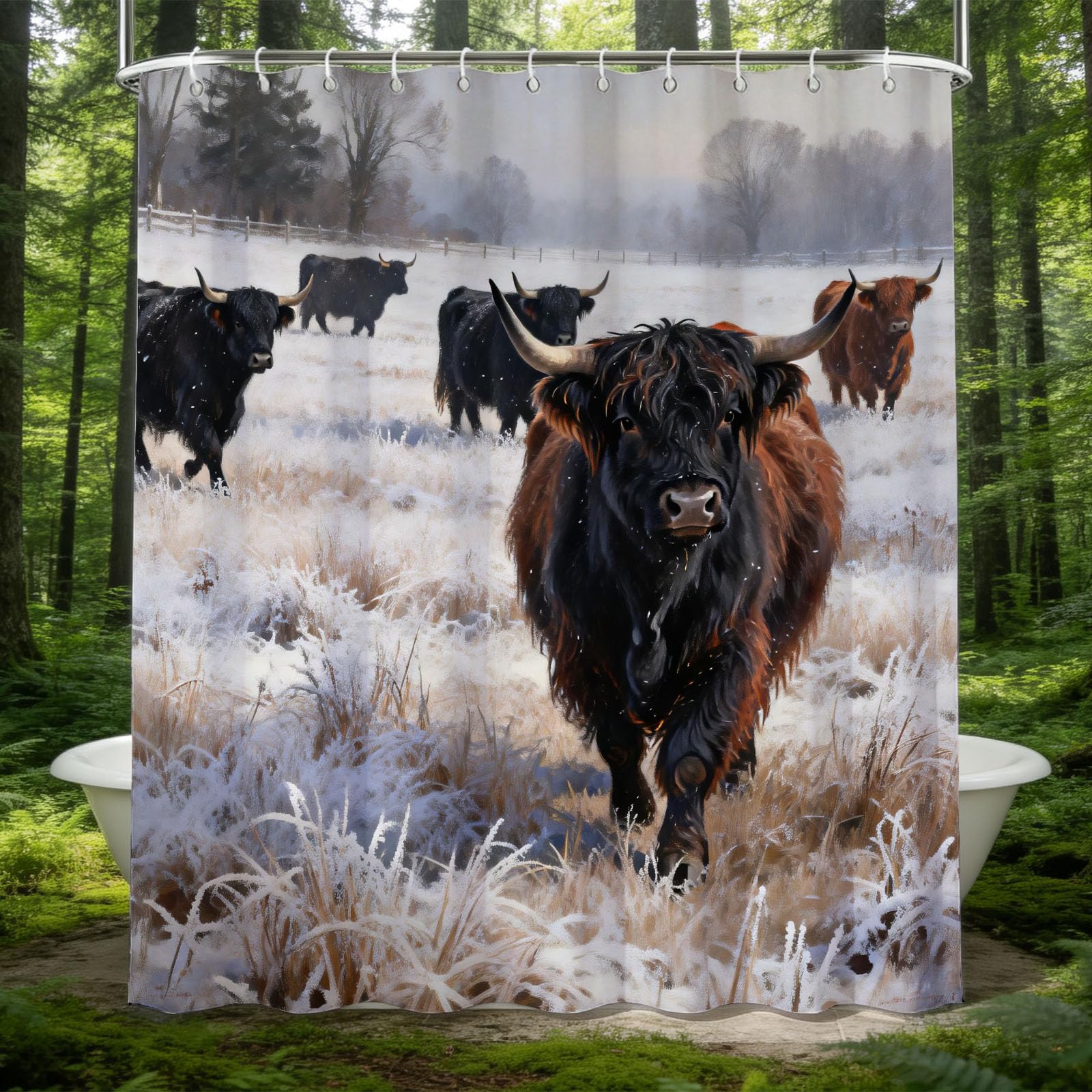 Hongduo 3D Highland Cattle Shower Curtain for Stalls Bathtubs Animal Theme Bathroom Decor Shower Curtain Set Polyester Fabric Waterproof 180x180cm/71X71 Inch with Hooks
