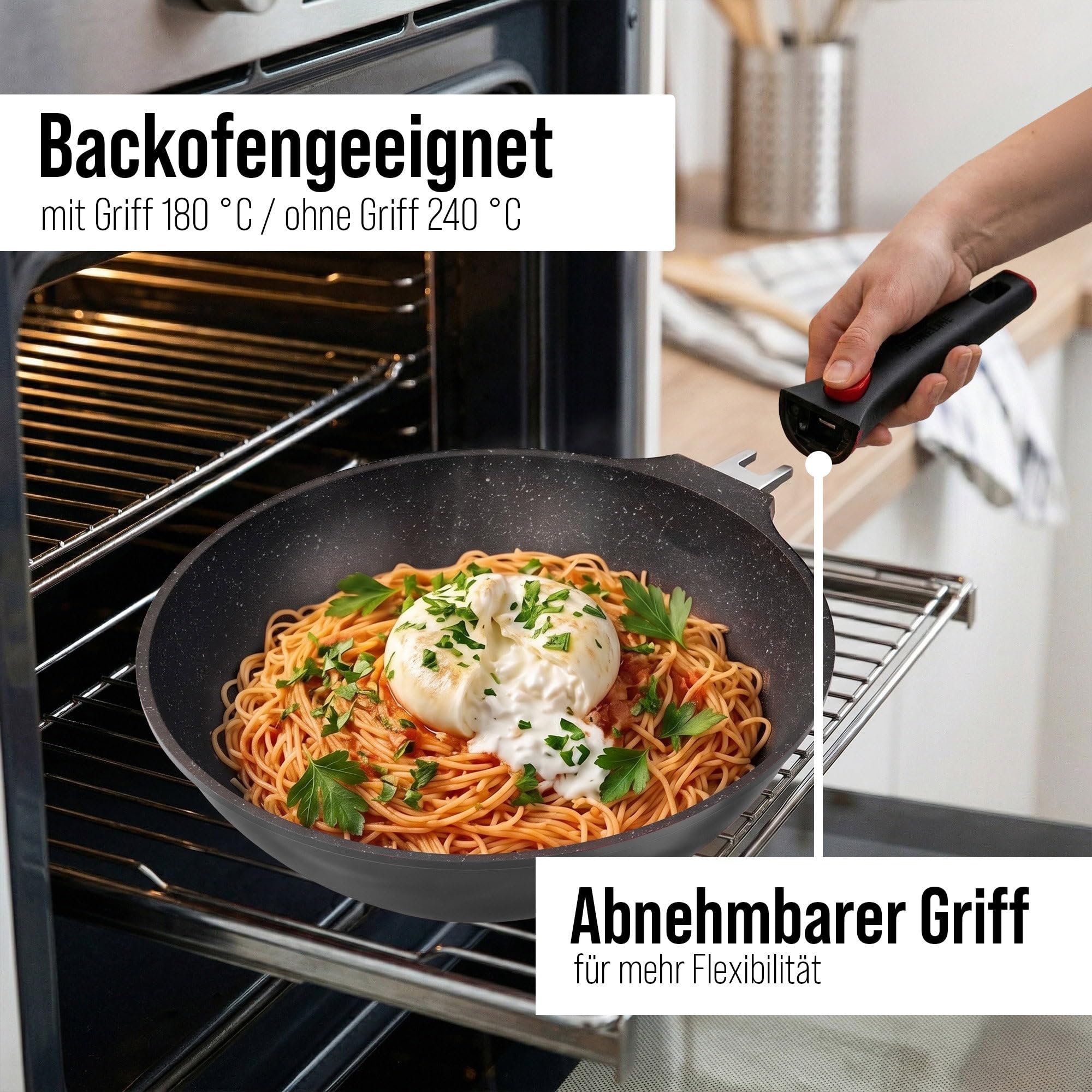 STONELINE SMART Wokpfanne 30 cm, 4,8 L ☆ REDESIGN 25/26 ☆ Große Pfanne mit Deckel, Abnehmbarem Griff, Aluguss Pfanne Induktion, Alle Herdarten, Antihaftbeschichtet mit echten Steinpartikeln, Grau