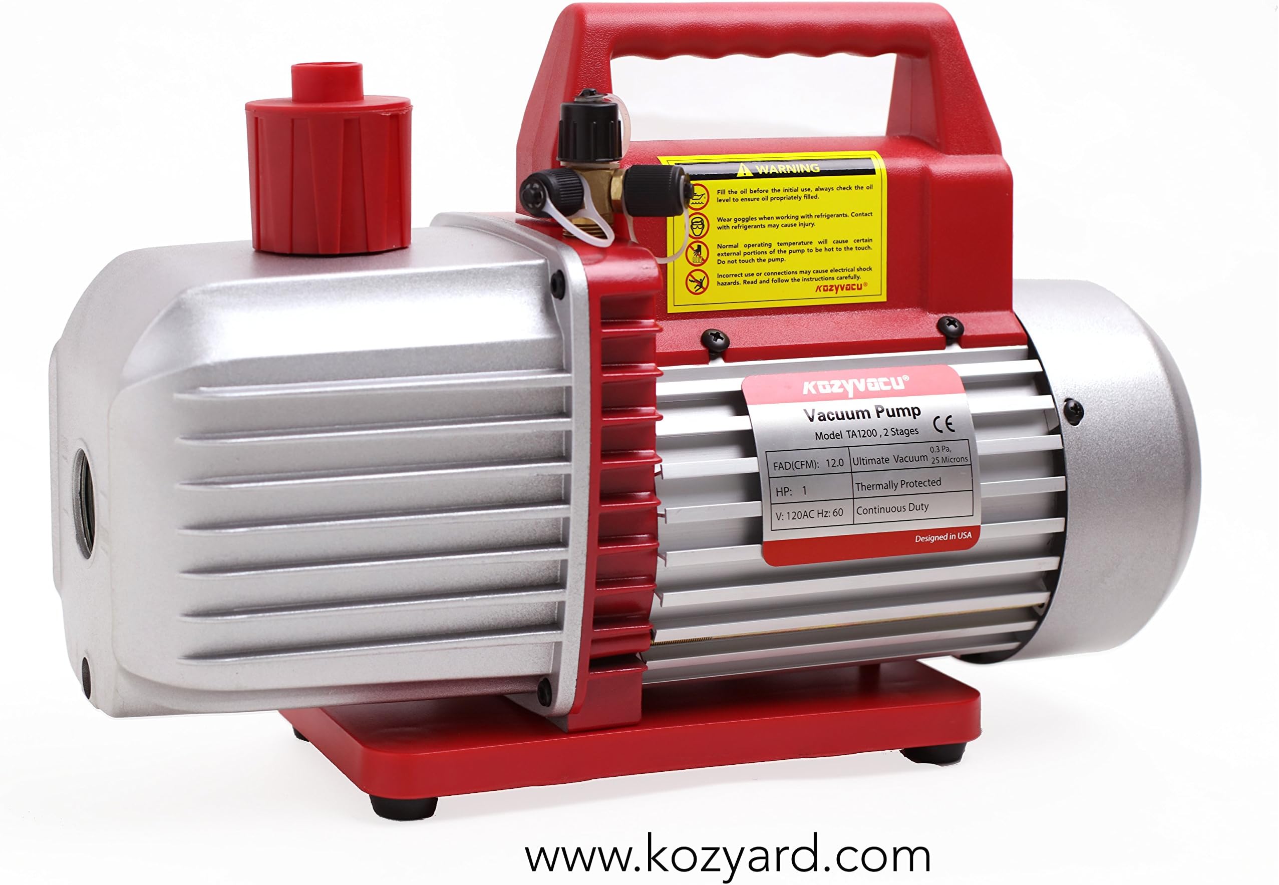 12CFM Professional Two-Stage Rotary Vane Professional Vacuum Pump (25 Micron, 1HP) for HVAC/Auto AC Refrigerant Recharging, Degassing Wine or Epoxy, Milking Cow or Lamb, Food Processing etc.